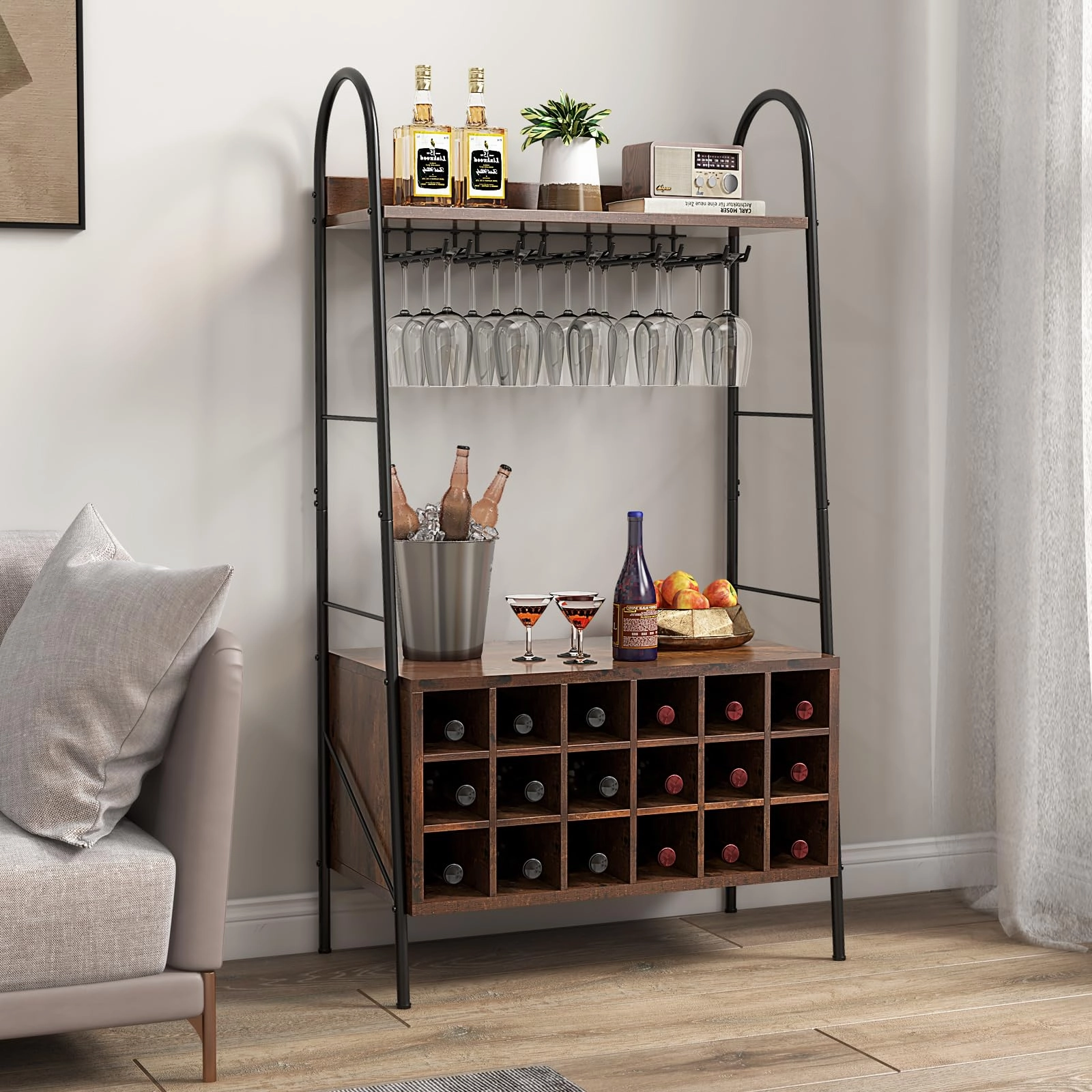 Giantex 18-Bottle Wine Rack Freestanding Floor, Kitchen Bakers Rack w/ 15 Glasses Holder, Rustic Brown