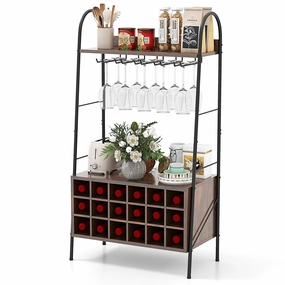 Giantex 18-Bottle Wine Rack Freestanding Floor, Kitchen Bakers Rack w/ 15 Glasses Holder, Rustic Brown kitchen towel, placemats
