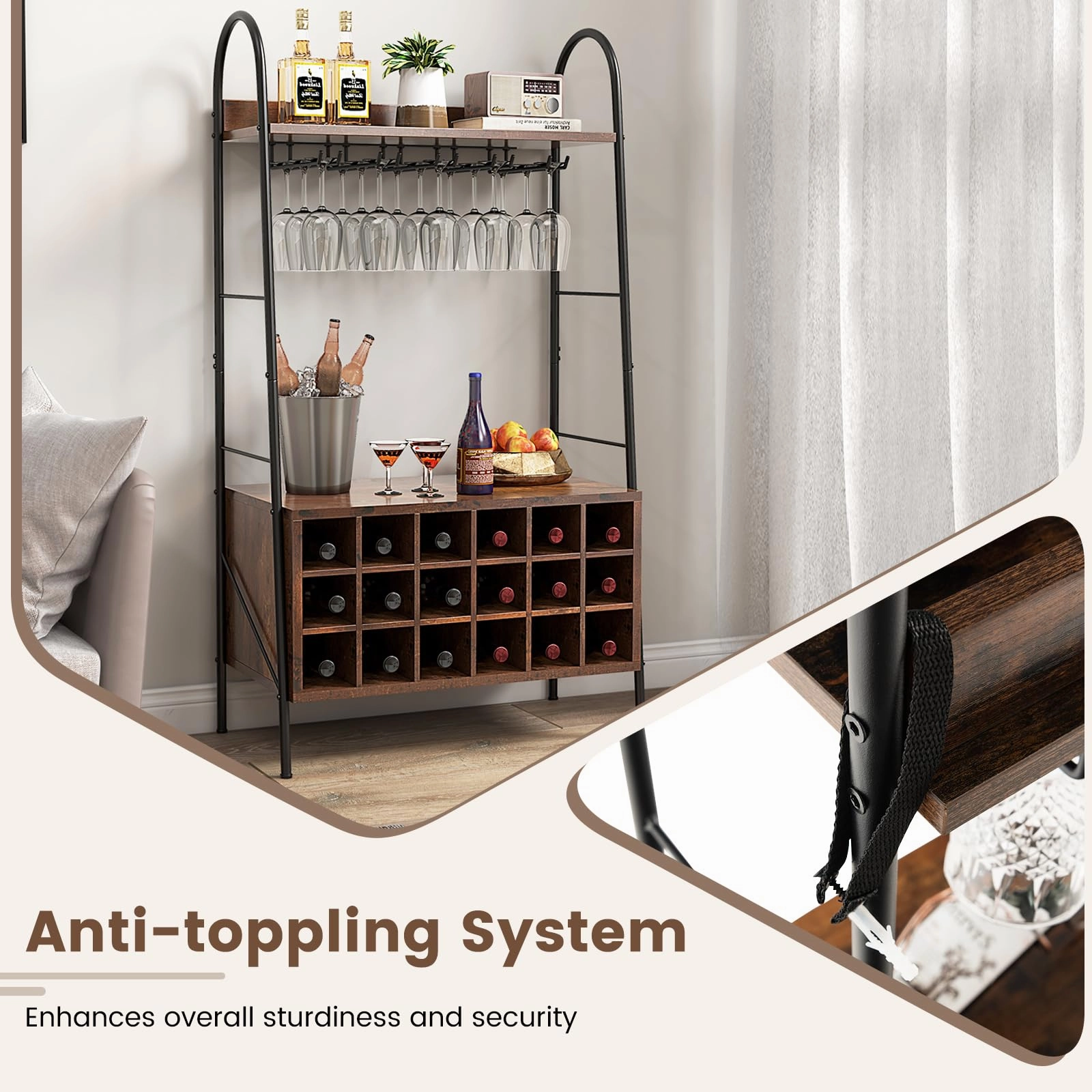 Giantex 18-Bottle Wine Rack Freestanding Floor, Kitchen Bakers Rack w/ 15 Glasses Holder, Rustic Brown