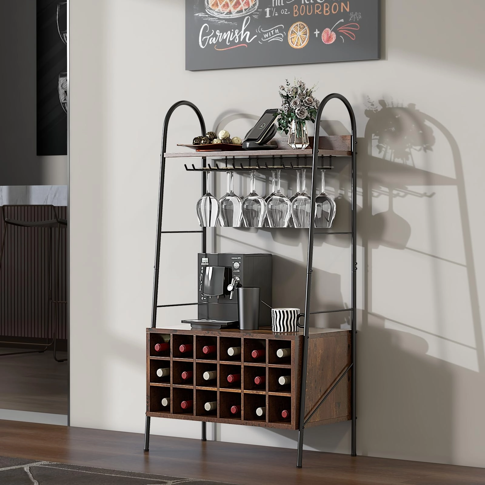 Giantex 18-Bottle Wine Rack Freestanding Floor, Kitchen Bakers Rack w/ 15 Glasses Holder, Rustic Brown