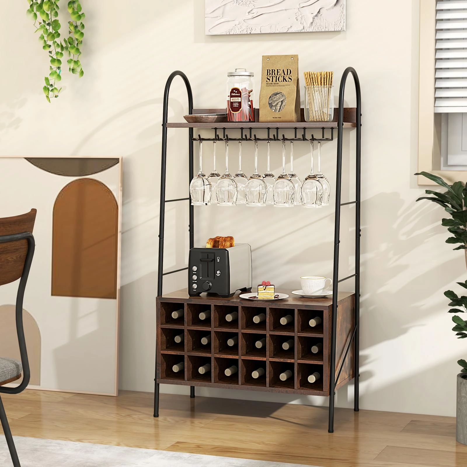 Giantex 18-Bottle Wine Rack Freestanding Floor, Kitchen Bakers Rack w/ 15 Glasses Holder, Rustic Brown