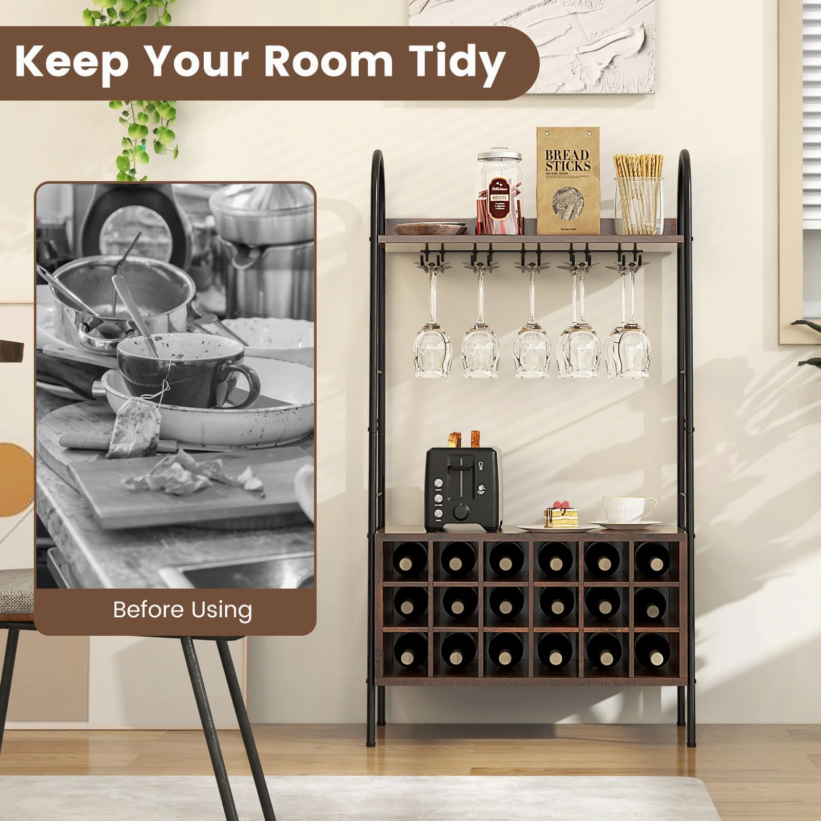 Giantex 18-Bottle Wine Rack Freestanding Floor, Kitchen Bakers Rack w/ 15 Glasses Holder, Rustic Brown