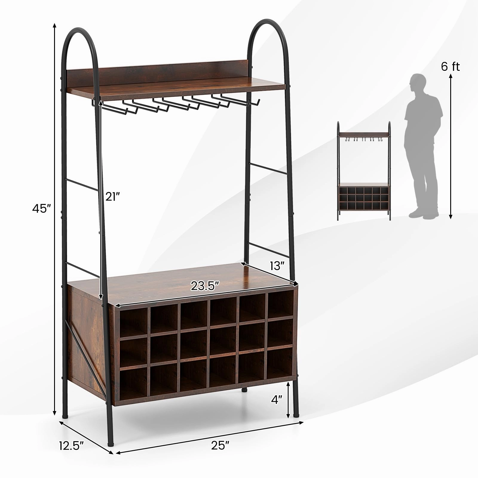 Giantex 18-Bottle Wine Rack Freestanding Floor, Kitchen Bakers Rack w/ 15 Glasses Holder, Rustic Brown