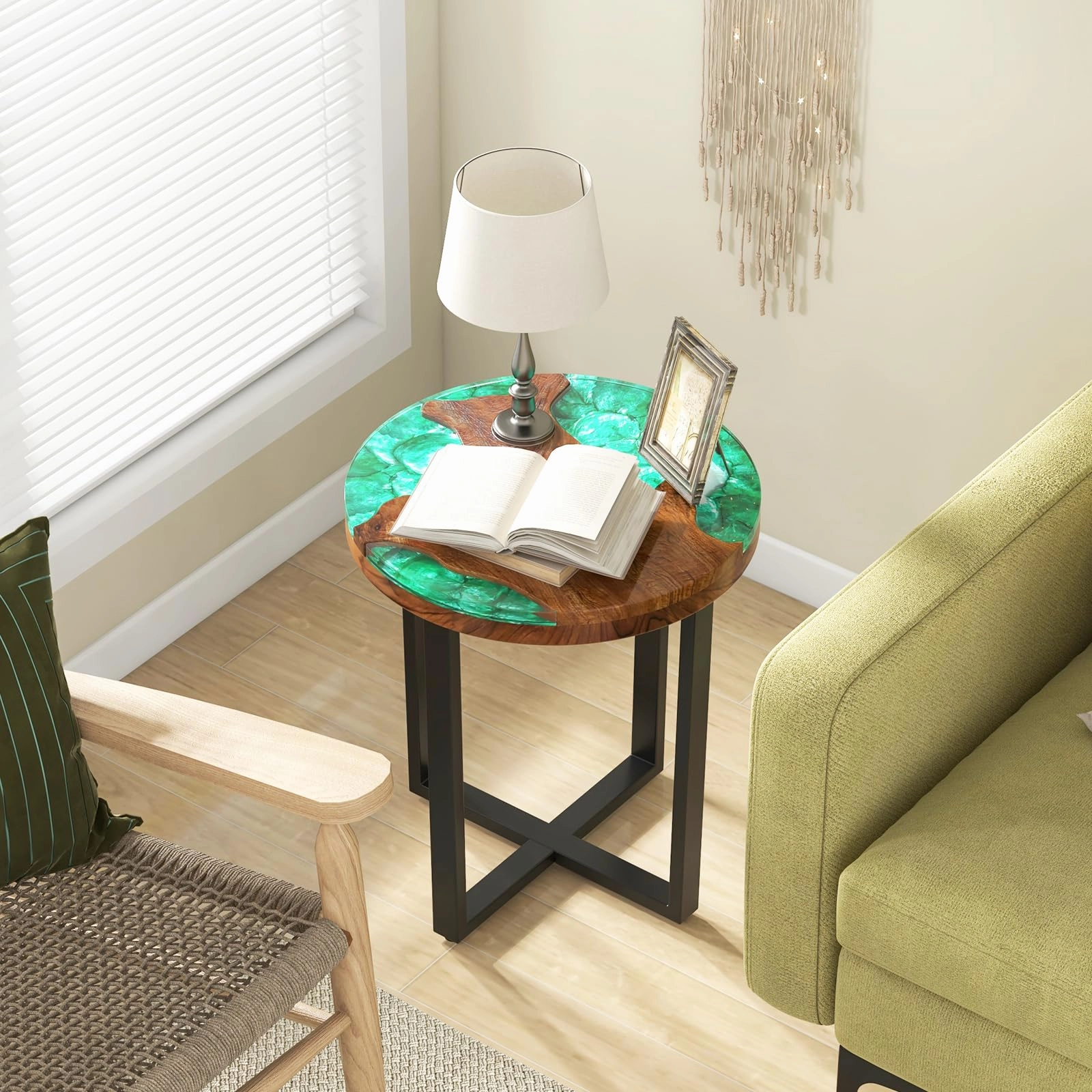 Giantex 20 Teak Wood Outdoor Side Table - Round End Table with Epoxy Resin Tabletop