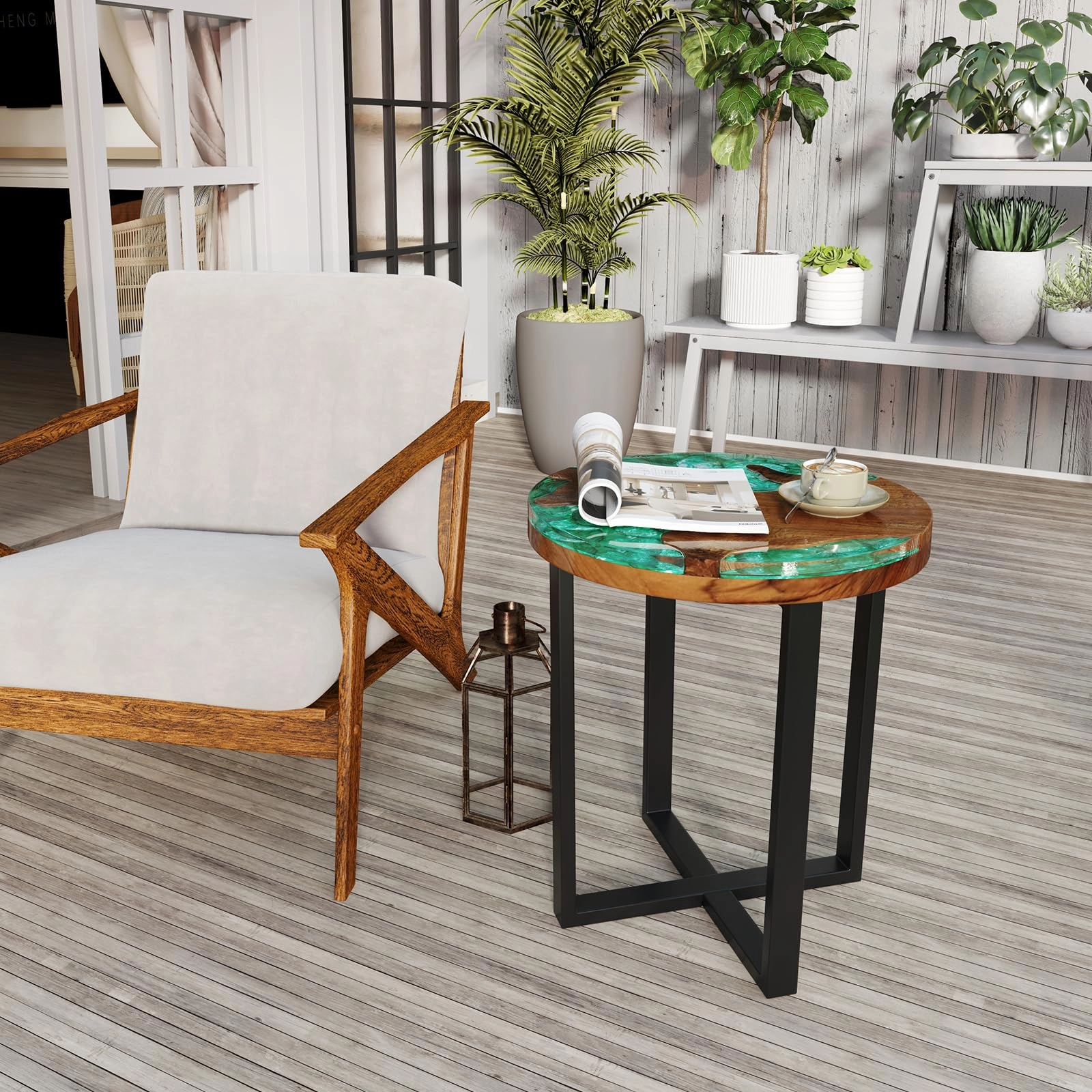 Giantex 20 Teak Wood Outdoor Side Table - Round End Table with Epoxy Resin Tabletop