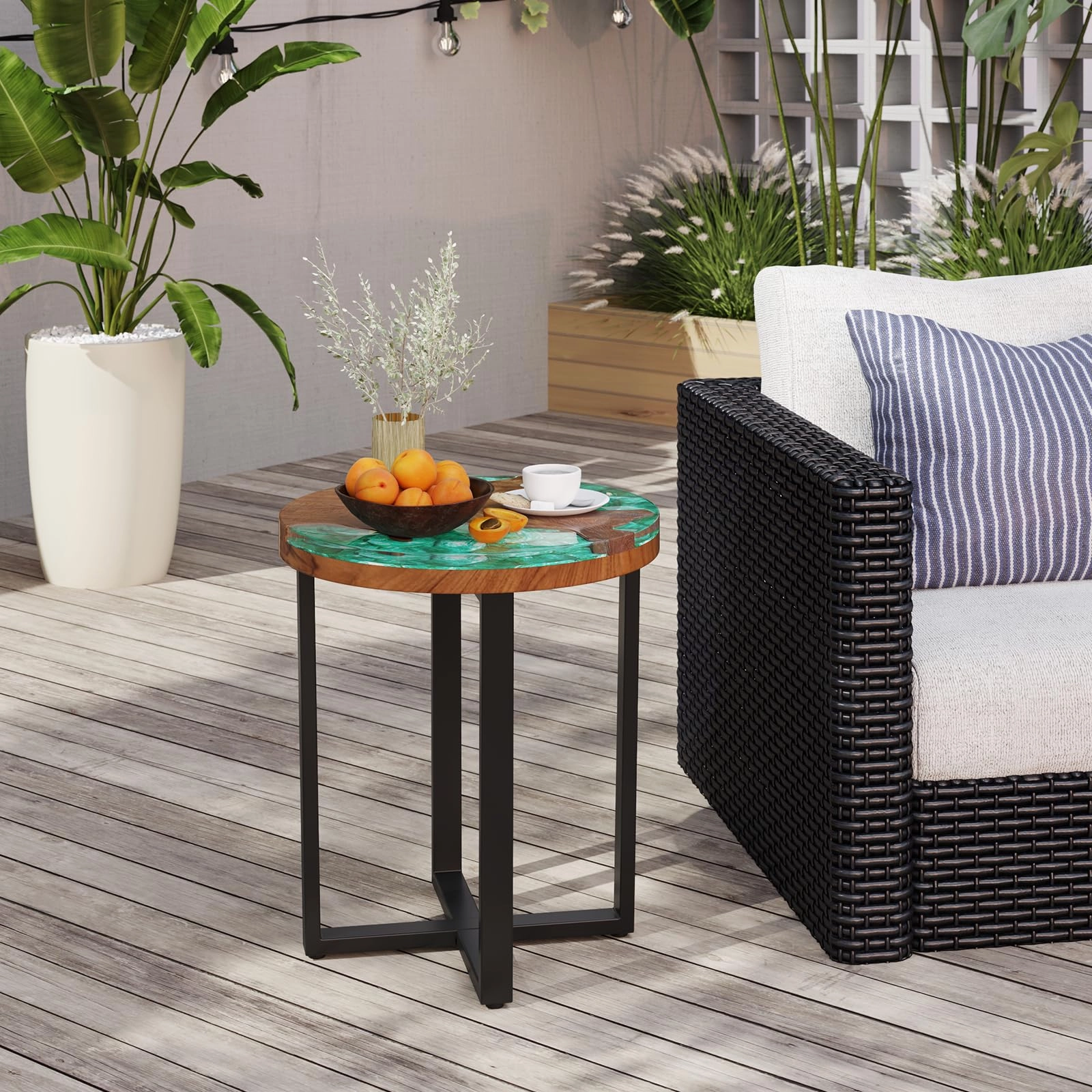 Giantex 20 Teak Wood Outdoor Side Table - Round End Table with Epoxy Resin Tabletop