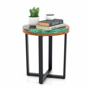 Giantex 20 Teak Wood Outdoor Side Table - Round End Table with Epoxy Resin Tabletop throw pillow, fuzzy blanket