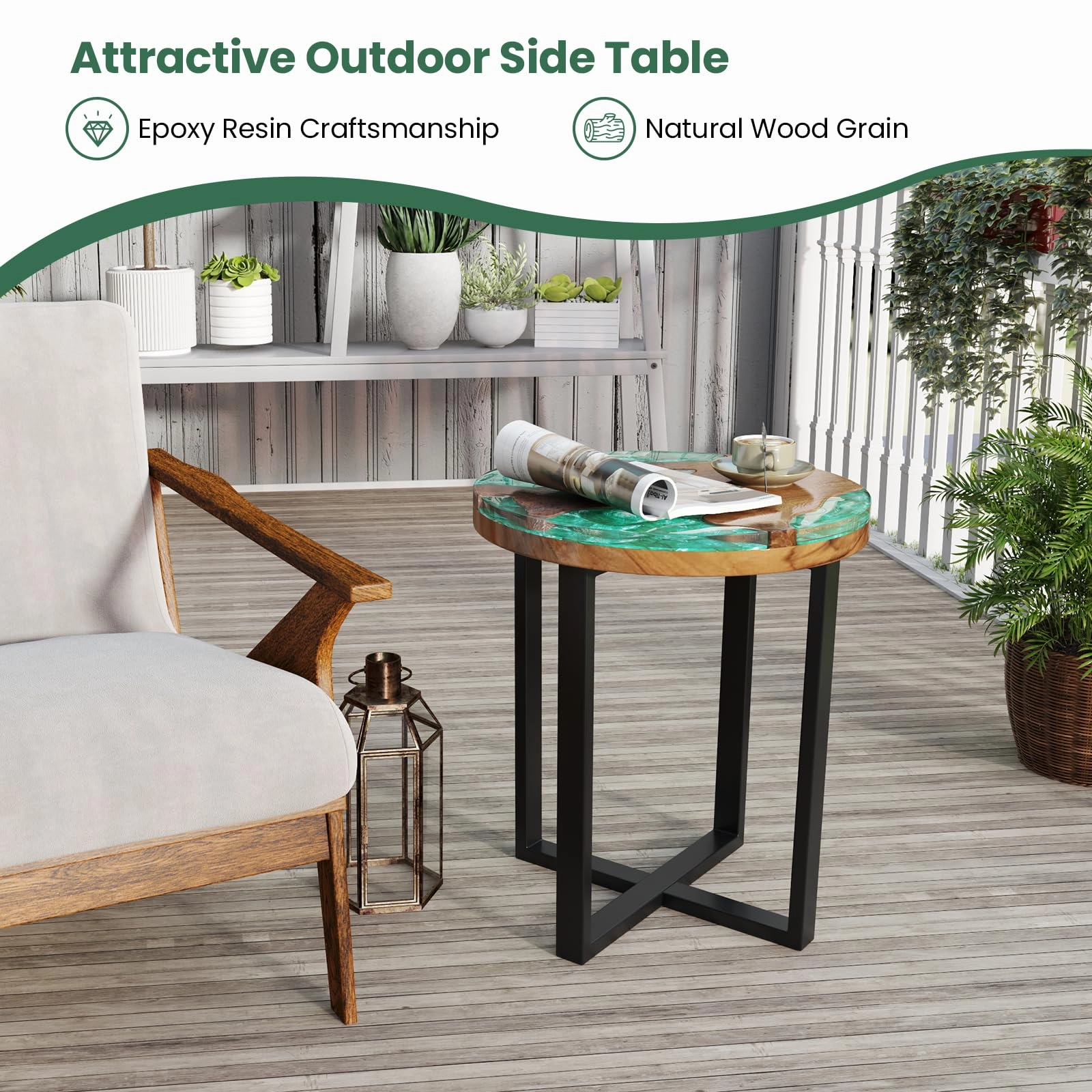 Giantex 20 Teak Wood Outdoor Side Table - Round End Table with Epoxy Resin Tabletop