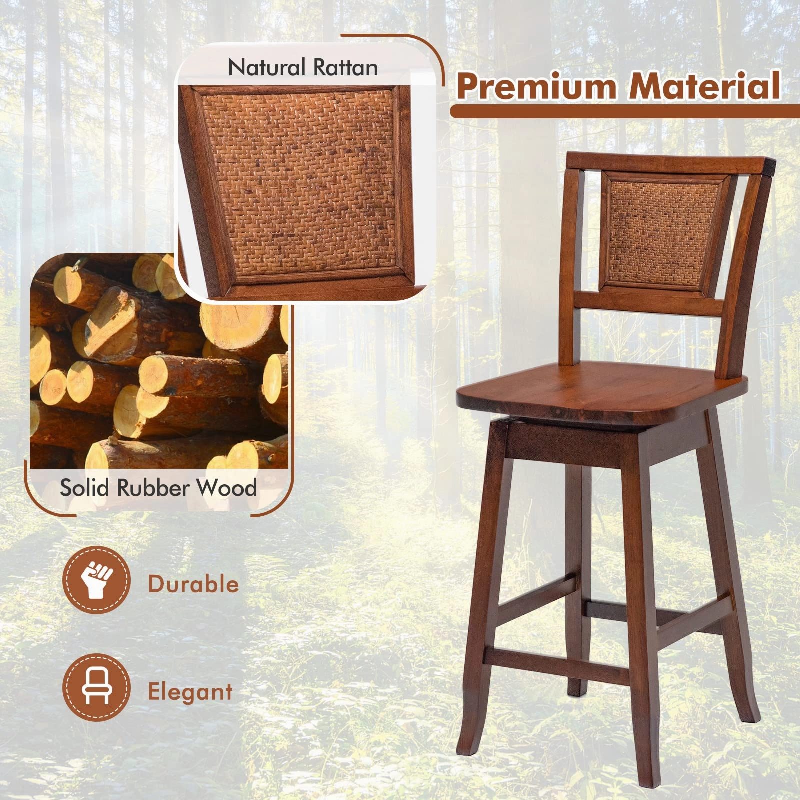 Giantex 24.5 Inch Counter Height Bar Stool with Rattan Back