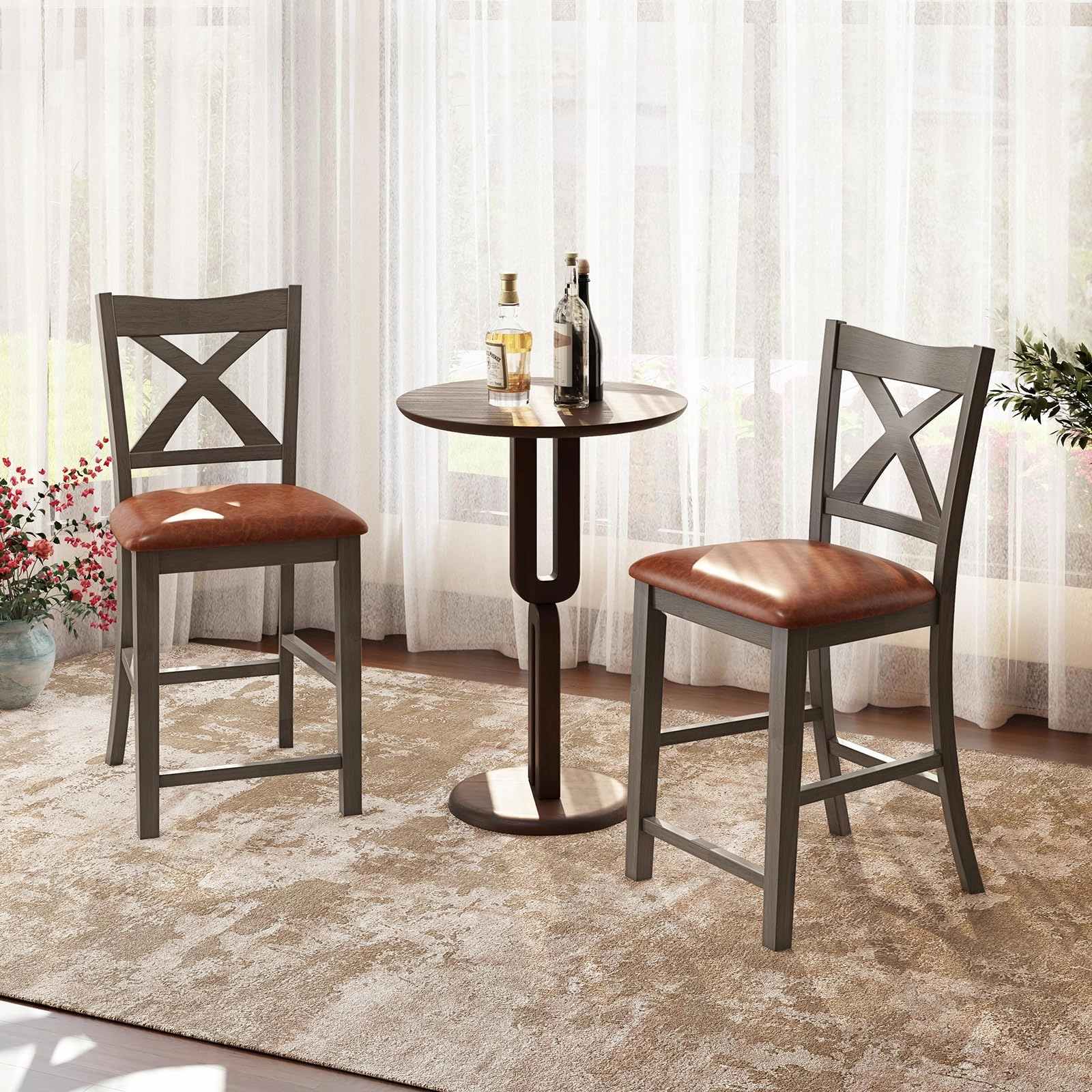 Giantex 24" Bar Stools Set of 2/4, Counter Height Bar Stools with Cross Back & Faux Leather Upholstered Seat
