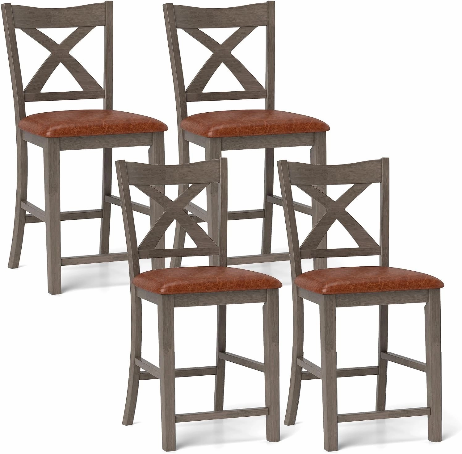 Giantex 24" Bar Stools Set of 2/4, Counter Height Bar Stools with Cross Back & Faux Leather Upholstered Seat