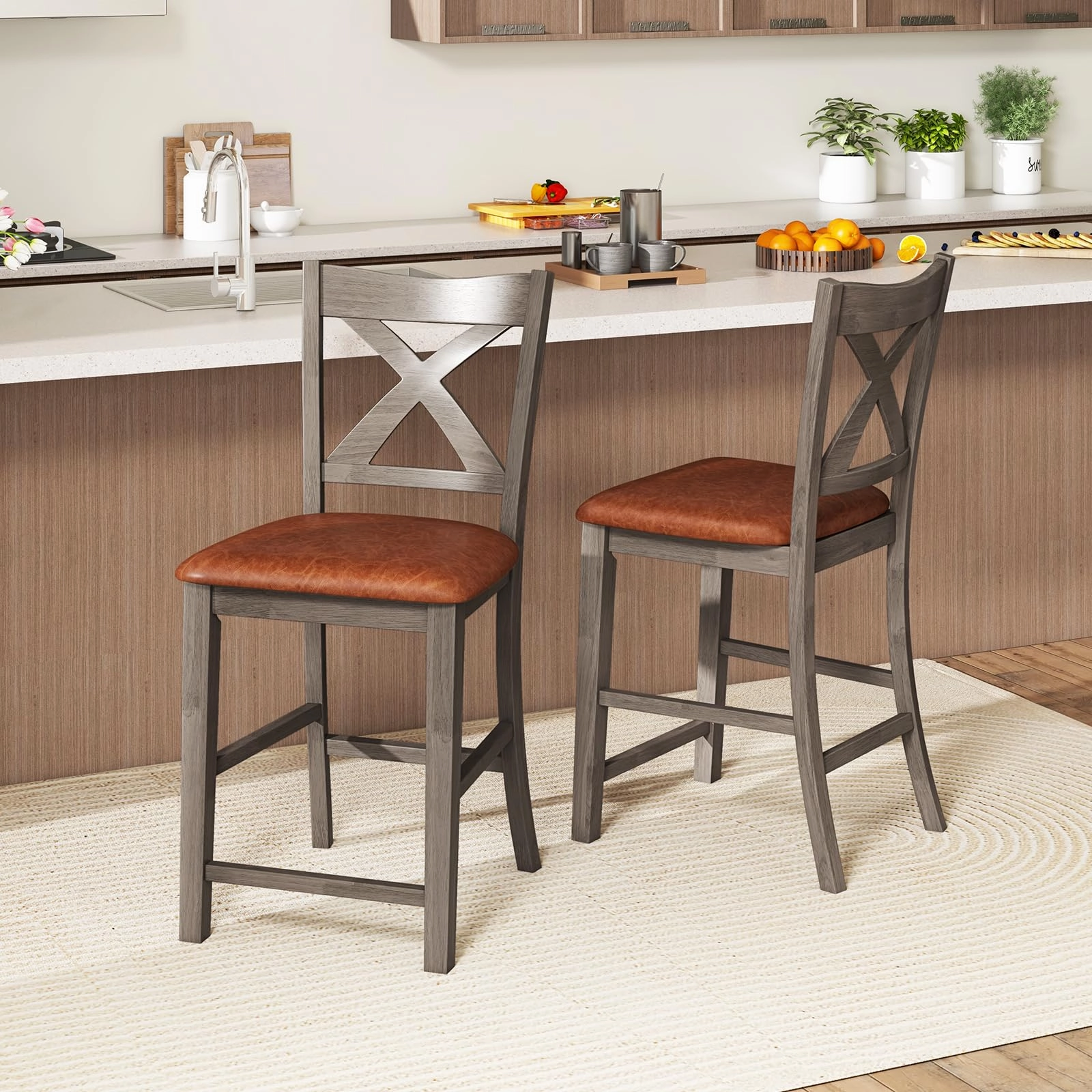 Giantex 24" Bar Stools Set of 2/4, Counter Height Bar Stools with Cross Back & Faux Leather Upholstered Seat