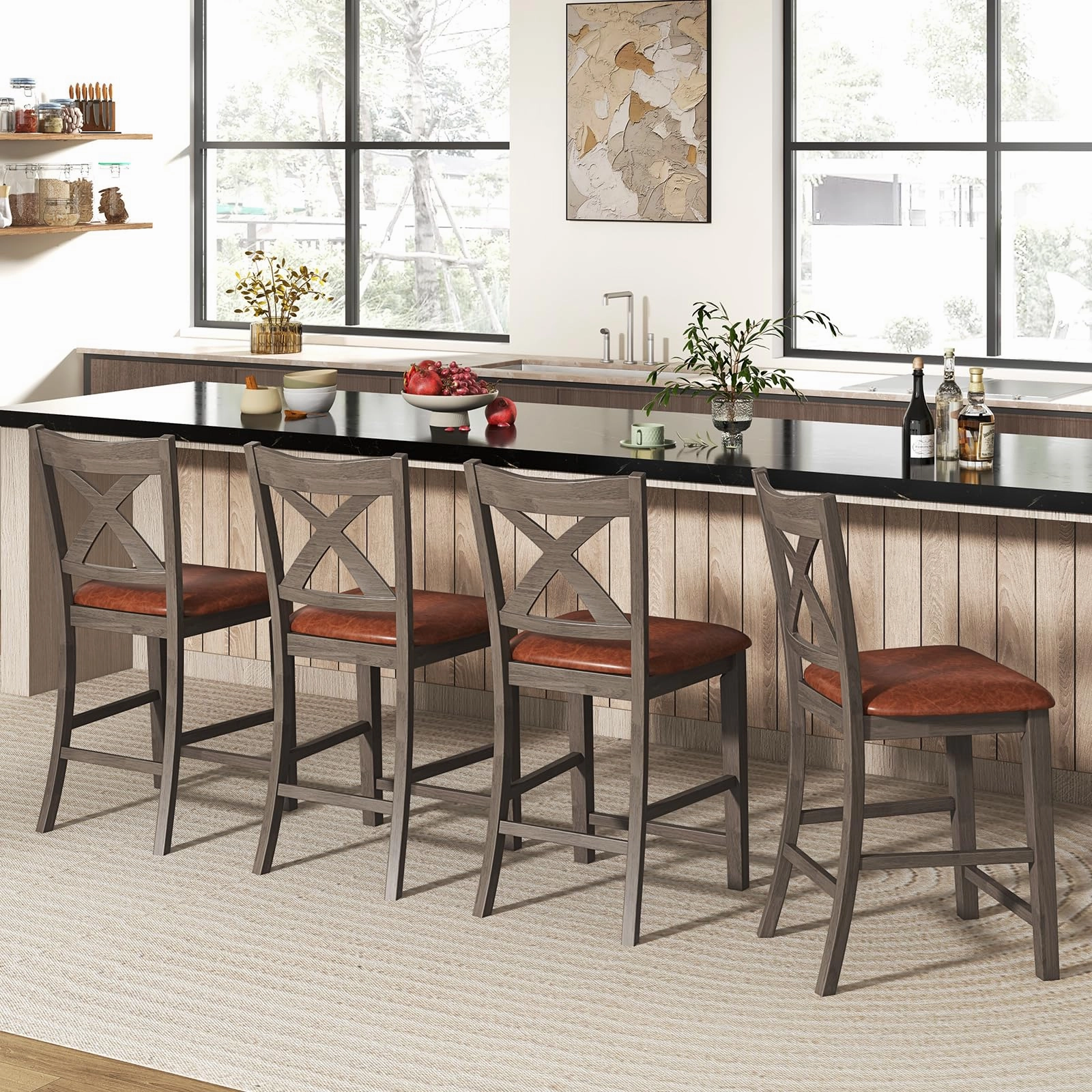Giantex 24" Bar Stools Set of 2/4, Counter Height Bar Stools with Cross Back & Faux Leather Upholstered Seat