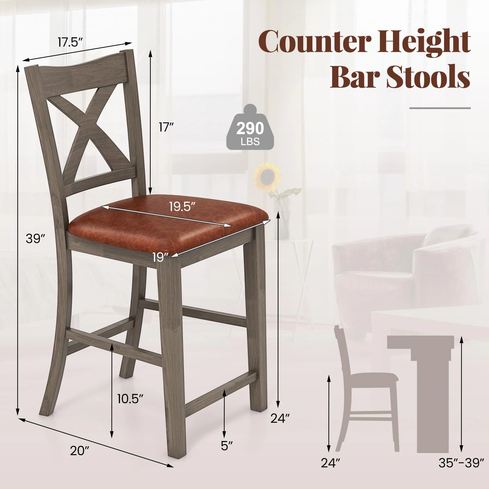 Giantex 24" Bar Stools Set of 2/4, Counter Height Bar Stools with Cross Back & Faux Leather Upholstered Seat