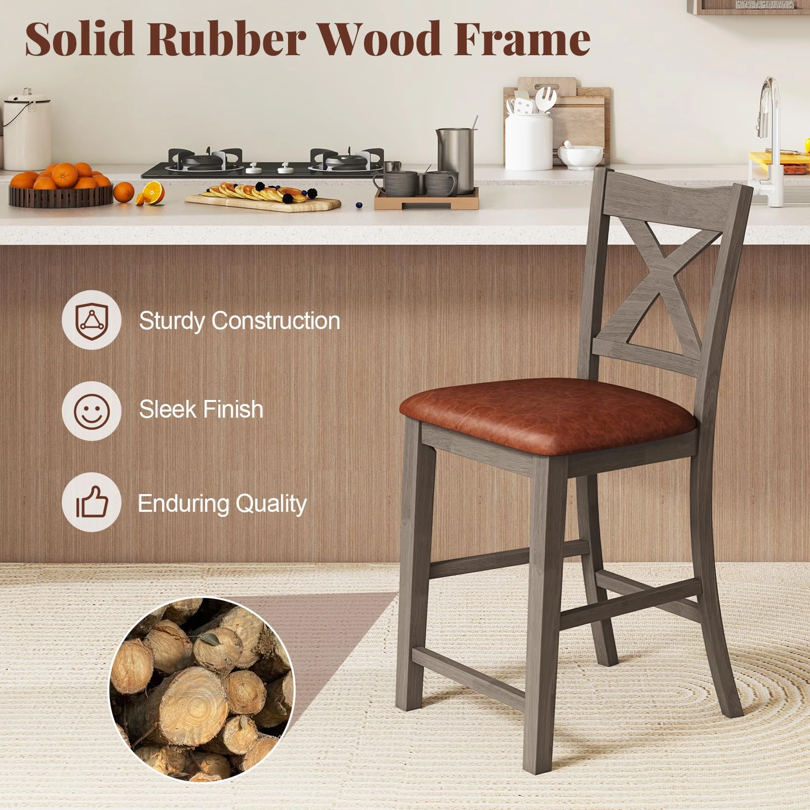 Giantex 24" Bar Stools Set of 2/4, Counter Height Bar Stools with Cross Back & Faux Leather Upholstered Seat