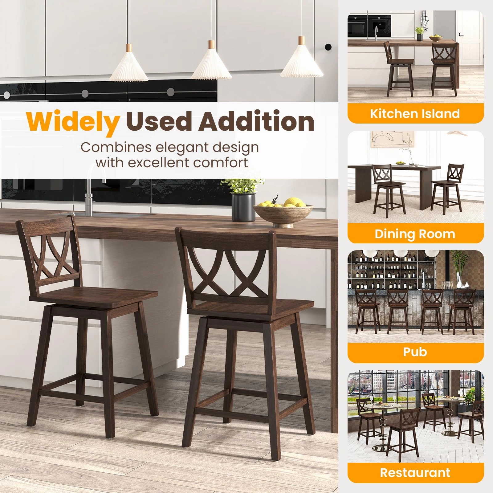 Giantex 24" Bar Stools Set of 2/4, Swivel Wooden Bar Chairs with Rubber Wood Frame, Dark Grey