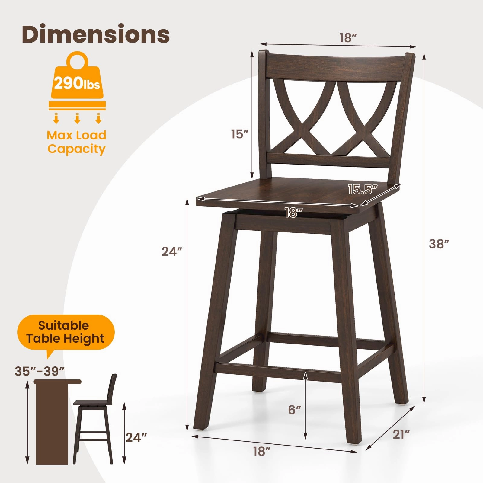Giantex 24" Bar Stools Set of 2/4, Swivel Wooden Bar Chairs with Rubber Wood Frame, Dark Grey