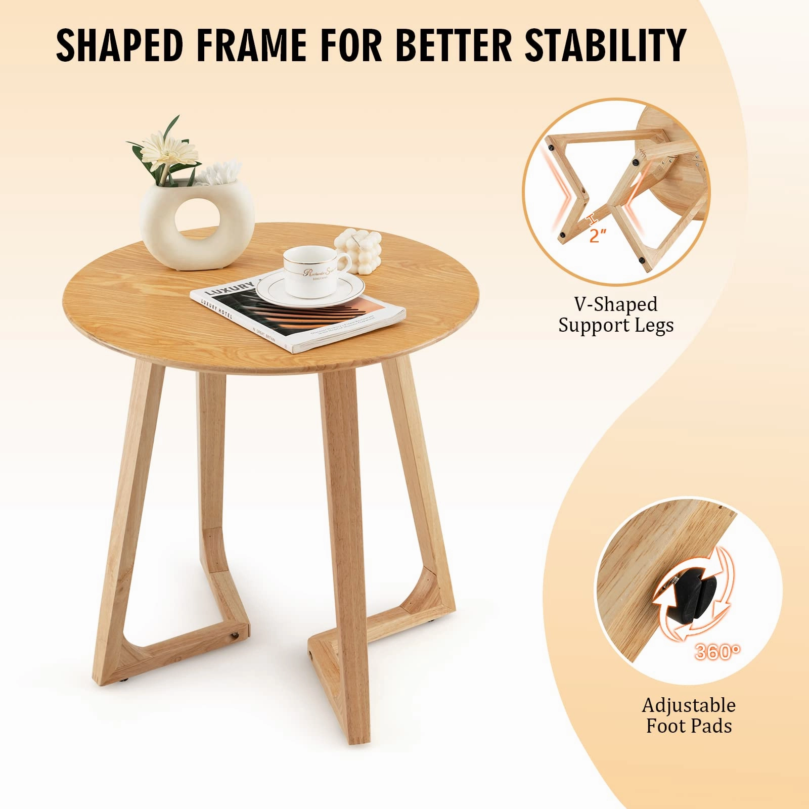 Giantex 24" Round End Table - Rubber Wood Sofa Side Table with Adjustable Foot Pads, Natural