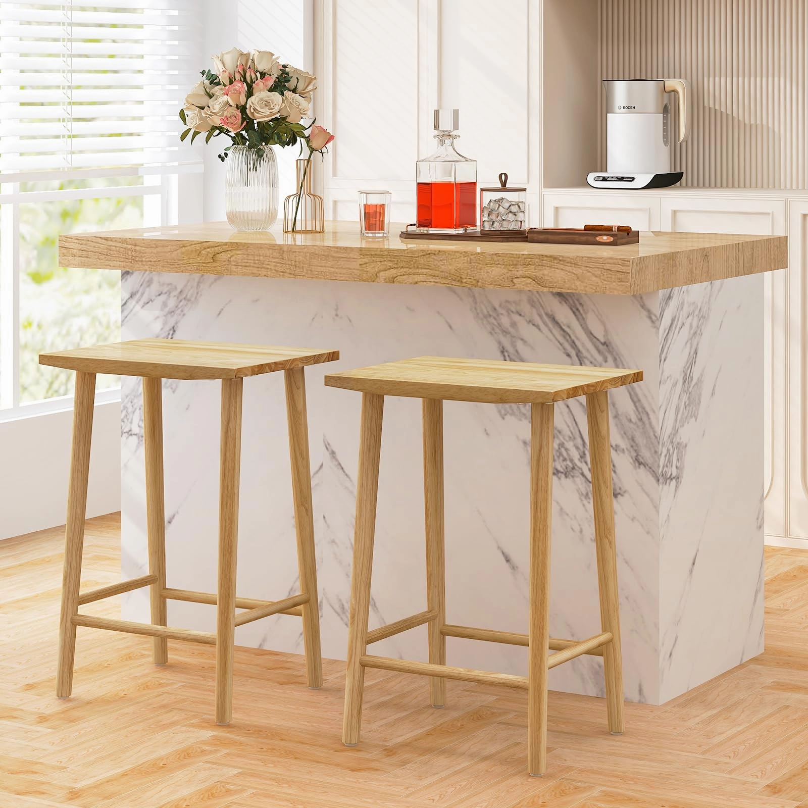 Giantex 25.5" Wooden Bar Stools Set of 2/4, Farmhouse Backless Counter Height Bar Stools with Footrest