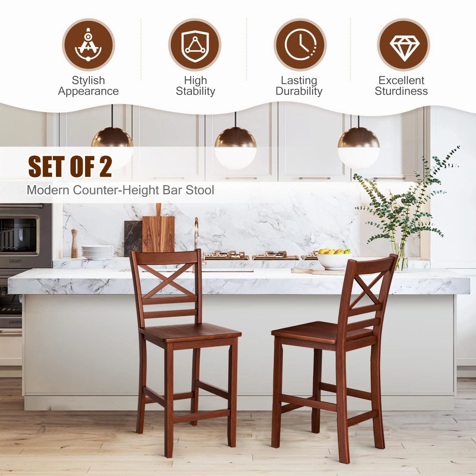 Giantex 25'' Antique Kitchen Counter Height Chairs with Wooden X-Shaped Backrest & Rubber Wood Legs