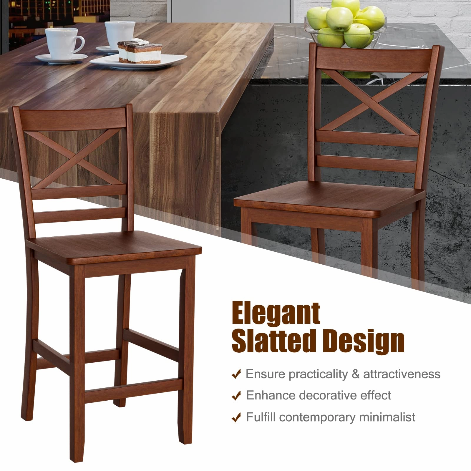 Giantex 25'' Antique Kitchen Counter Height Chairs with Wooden X-Shaped Backrest & Rubber Wood Legs