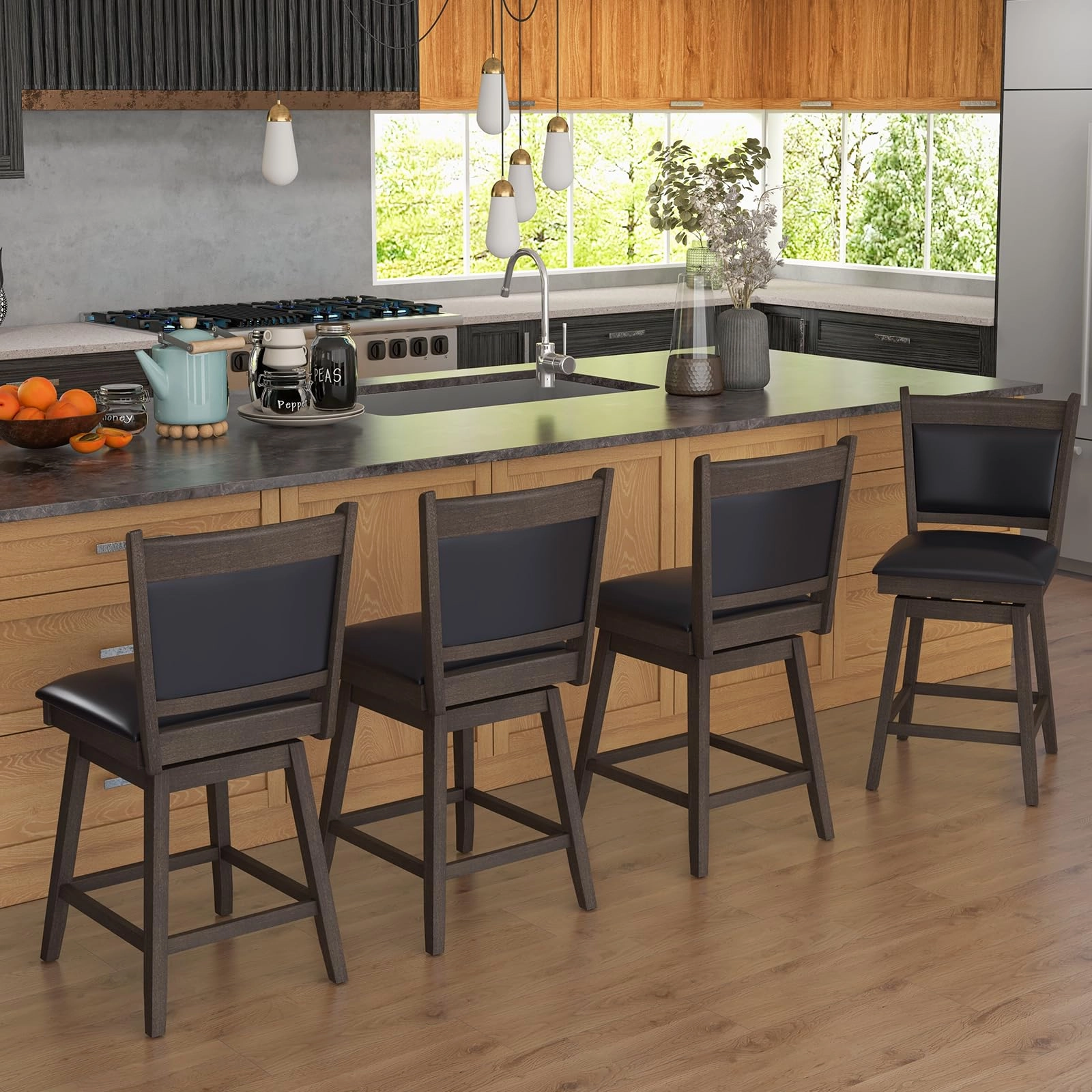Giantex 25" Bar Stools Set, Upholstered Swivel Bar Chairs with Ergonomic Back