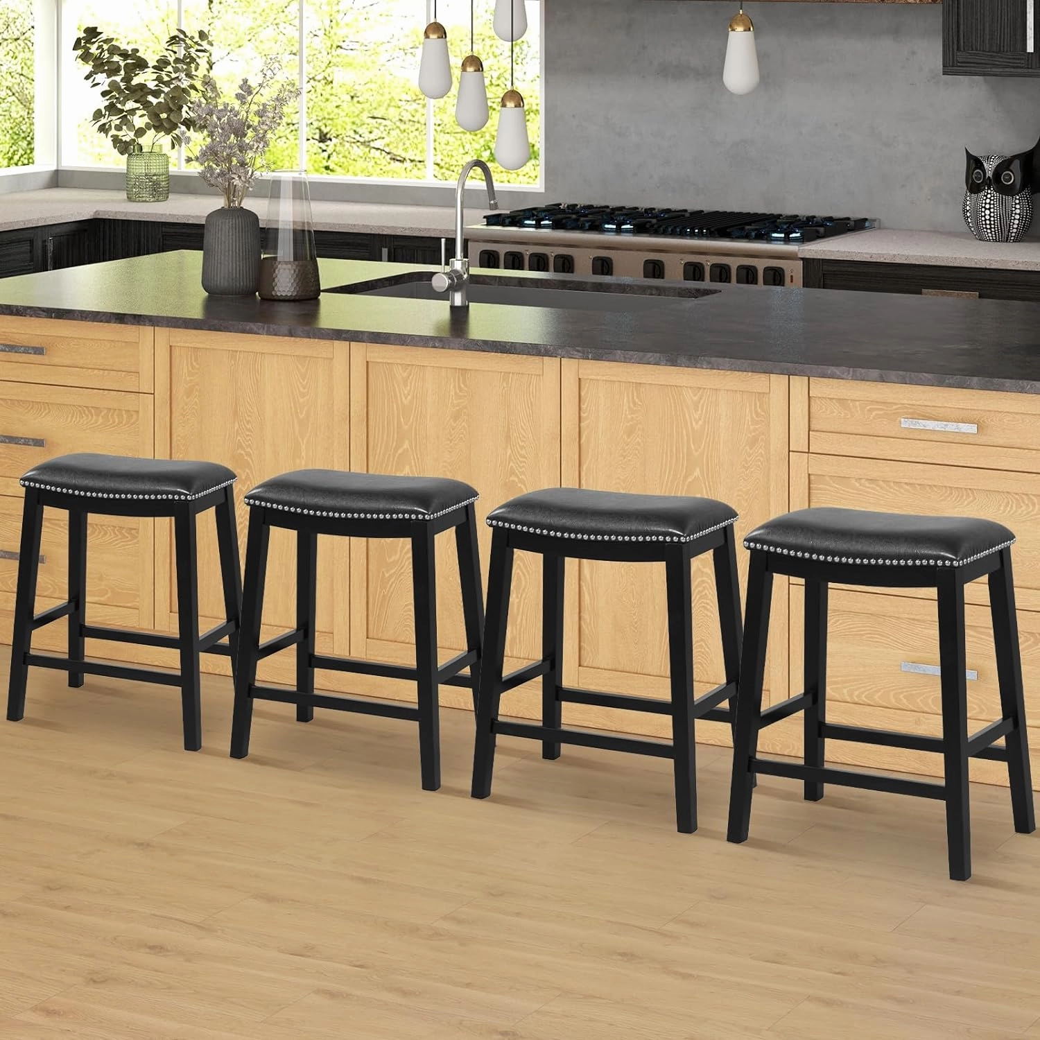 Giantex 26" Counter Height Bar Stools Set of 2, Faux PVC Leather Farmhouse Barstools w/Padded Seat