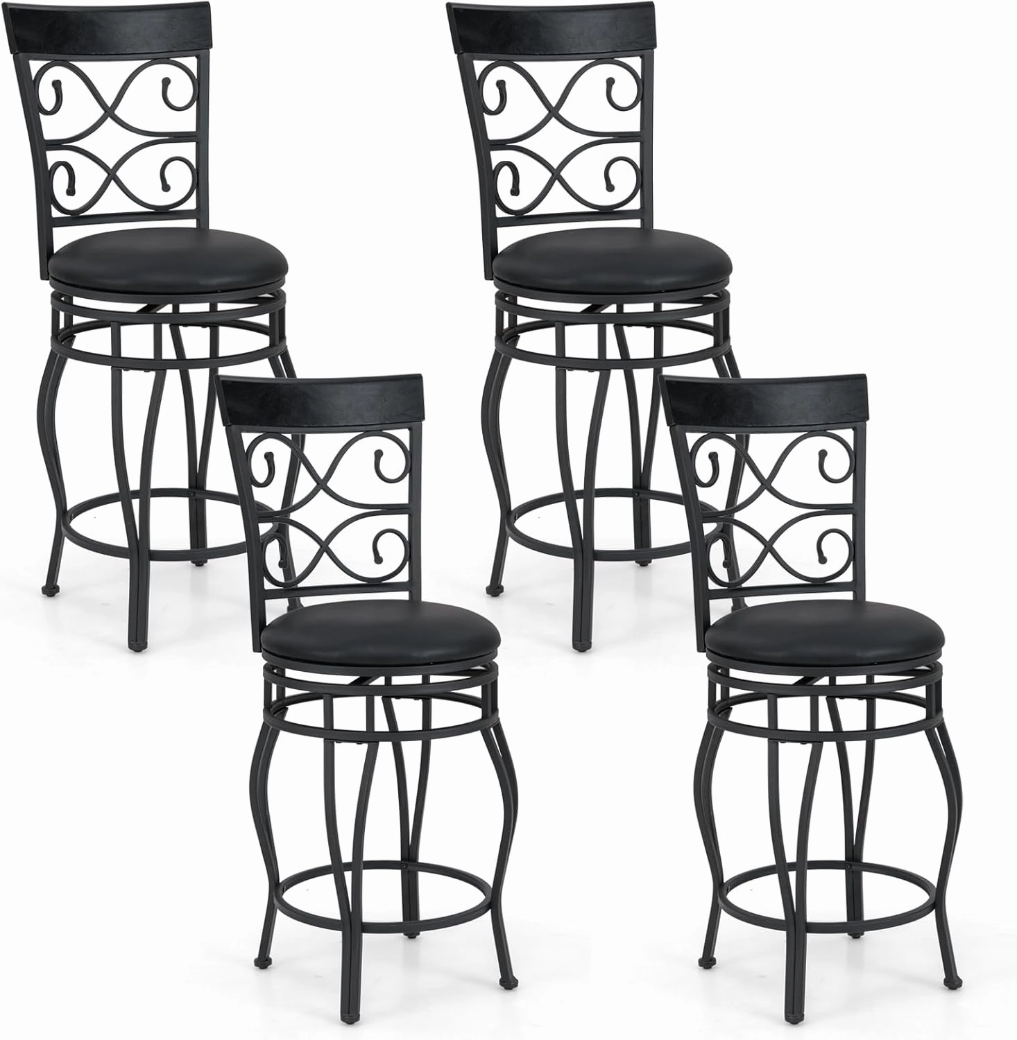 Giantex 26" Swivel Bar Stools Set of 2/4, Counter Height Bar Stools with Back, Upholstered PU Leather Seat, Black