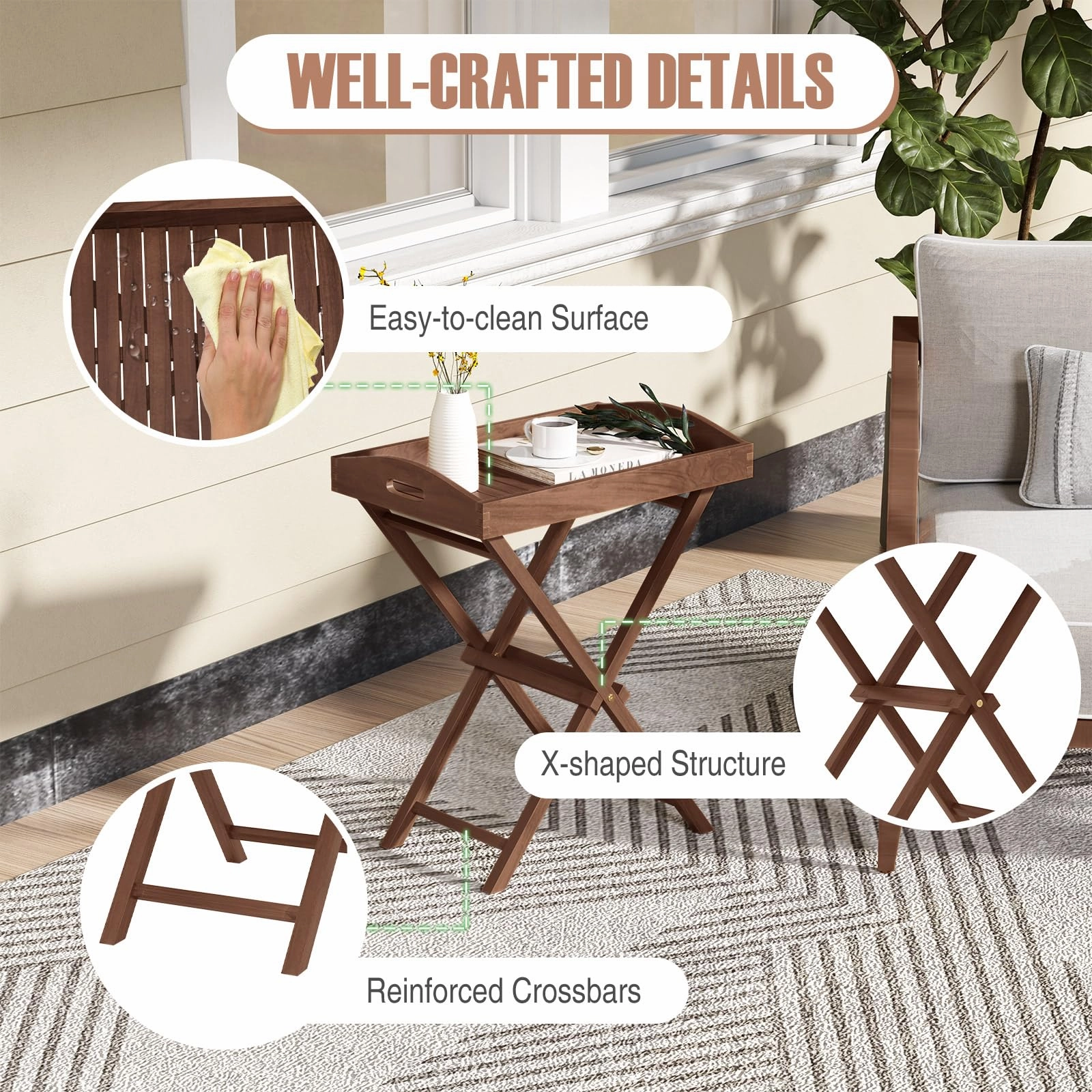 Giantex 28-Inches High Solid Teak Wood TV Tray Side Table