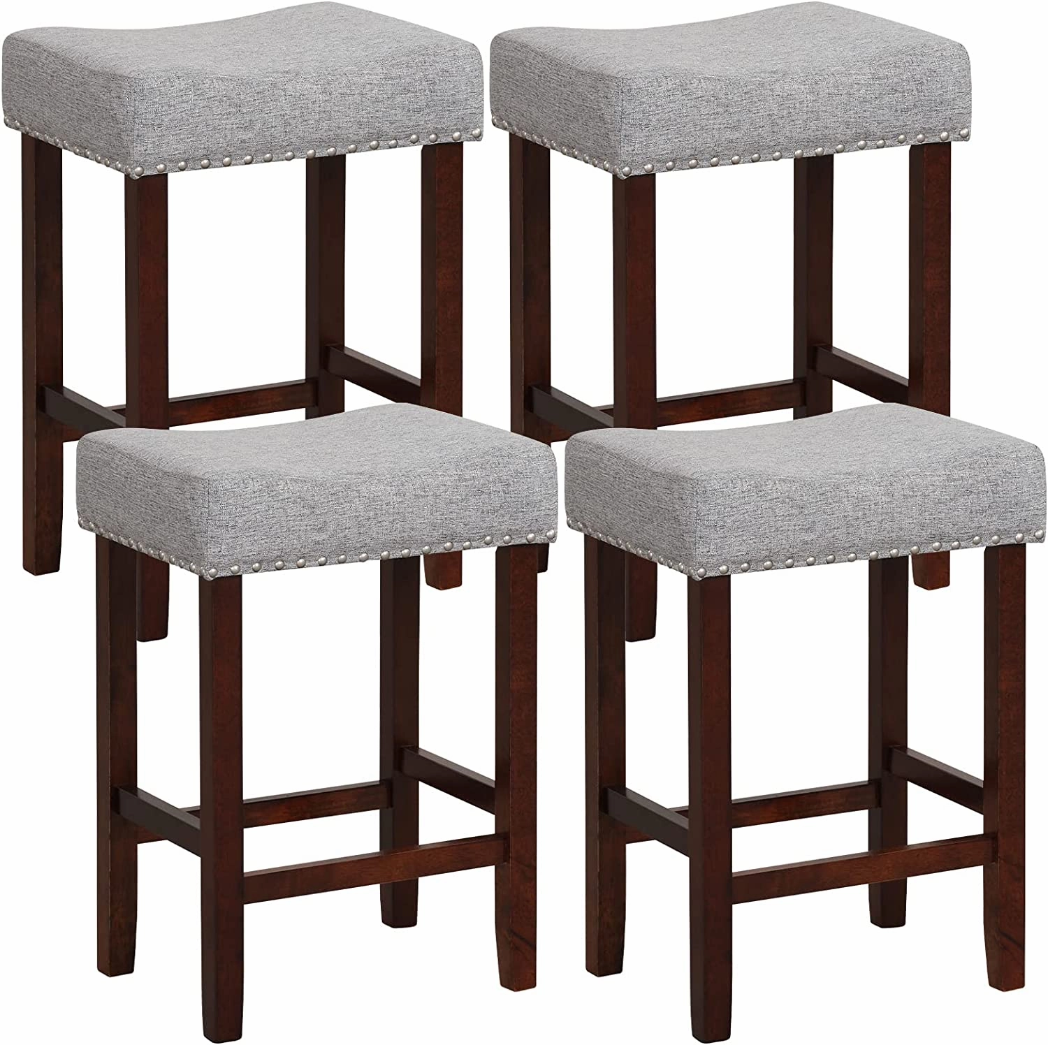 Giantex 29.5" Bar Height Bar Stools Set of 4 - Backless Saddle Barstools with Nailhead Linen Foam Seat