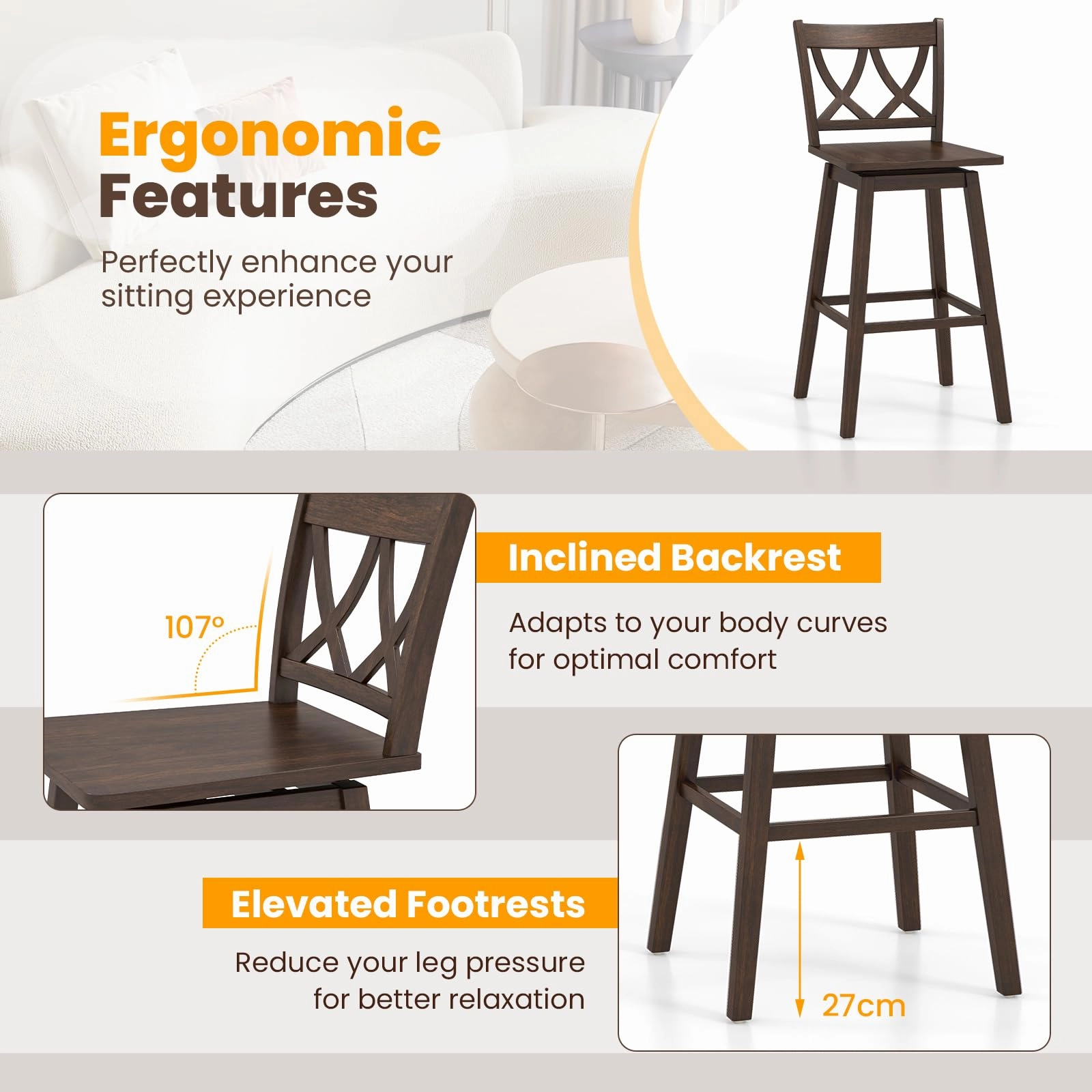Giantex 29" Bar Stools Set of 2/4, Swivel Wooden Bar Chairs with Rubber Wood Frame, for Kitchen Island, Restaurant & Pub, Dark Grey