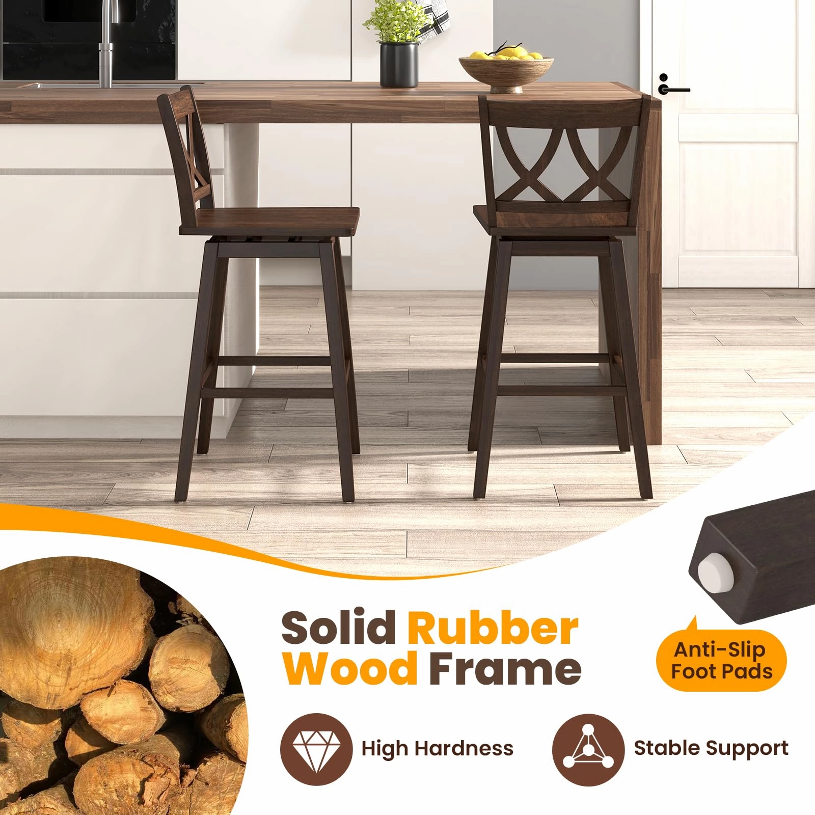 Giantex 29" Bar Stools Set of 2/4, Swivel Wooden Bar Chairs with Rubber Wood Frame, for Kitchen Island, Restaurant & Pub, Dark Grey