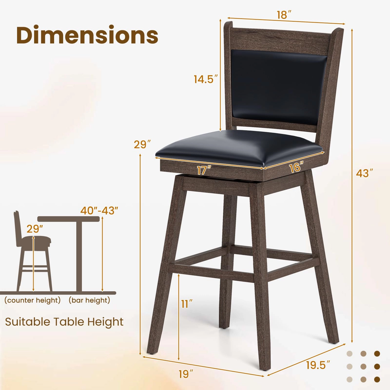 Giantex 29" Bar Stools Set, Upholstered Swivel Bar Chairs with Ergonomic Back