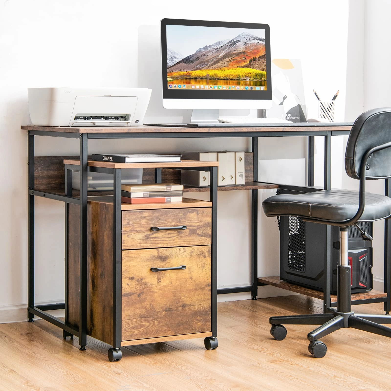 Giantex 2-Drawer Rolling File Cabinet, Under Desk File Cabinet Printer Stand on Wheels, Rustic Brown
