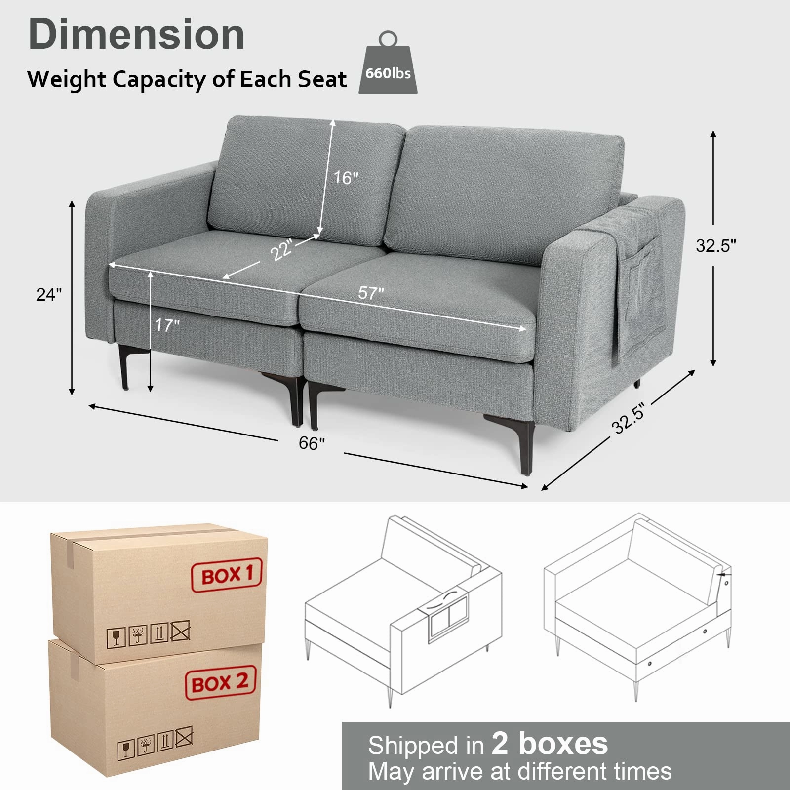 Giantex 2-Seat Sofa Couch, 66" L Modern Loveseat