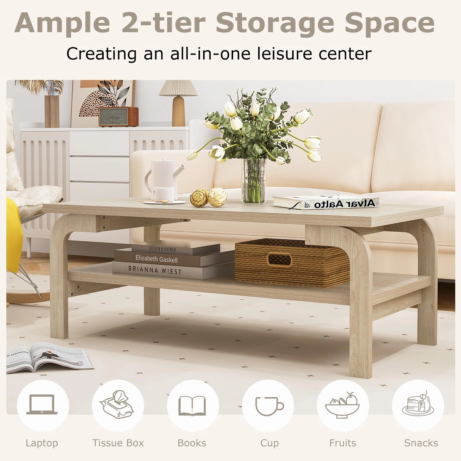 Giantex 2-Tier Coffee Table with Storage, 47 Mid Century Rectangle Accent Table with Open Shelf