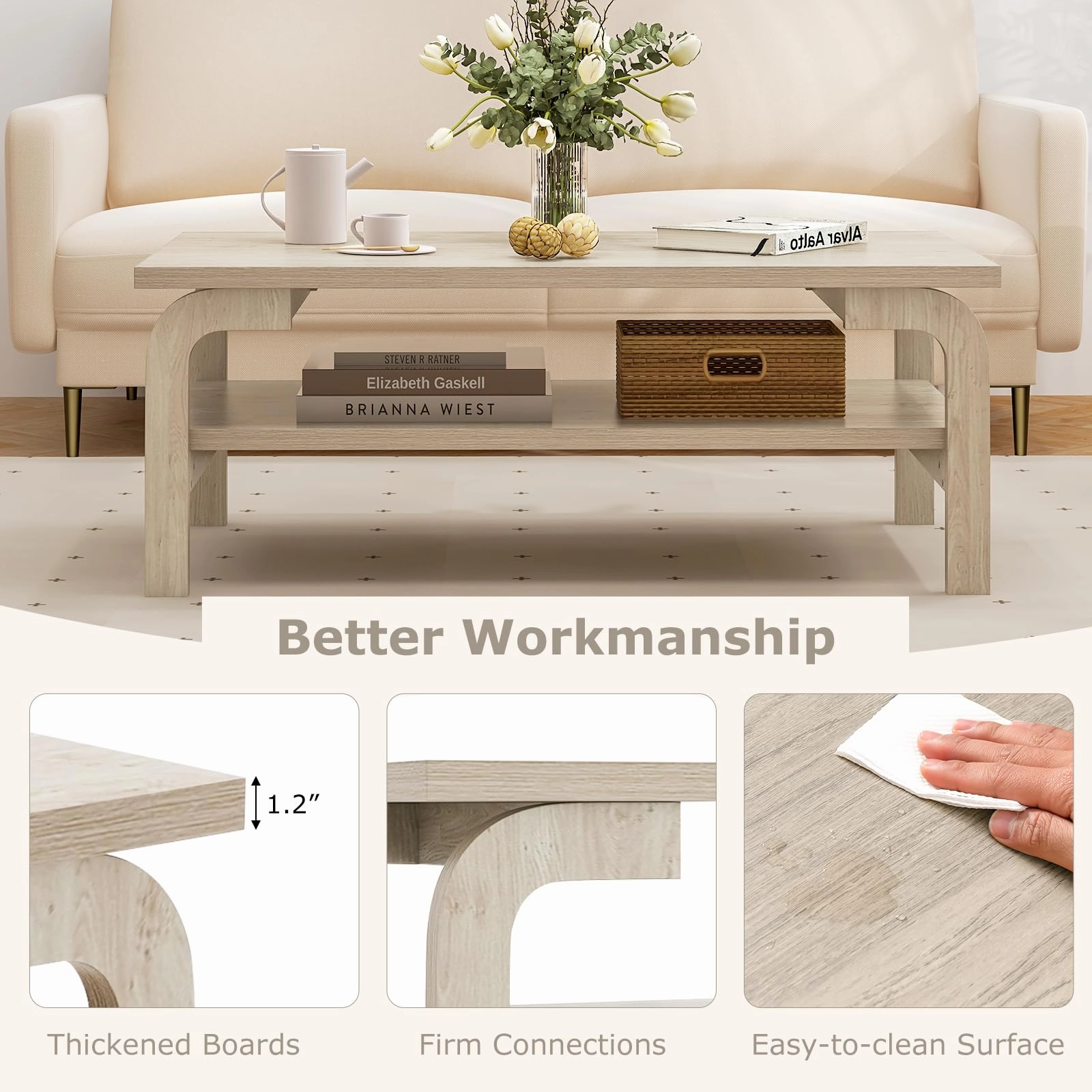 Giantex 2-Tier Coffee Table with Storage, 47 Mid Century Rectangle Accent Table with Open Shelf