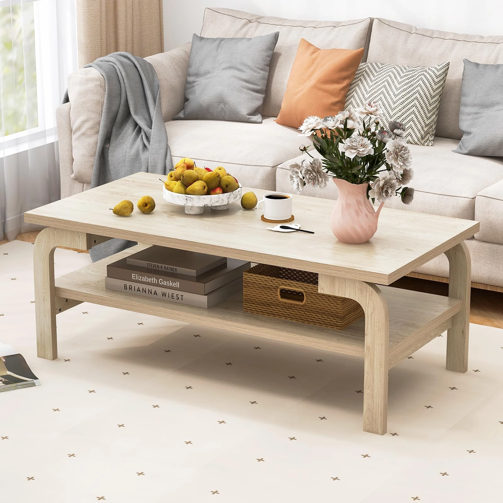 Giantex 2-Tier Coffee Table with Storage, 47 Mid Century Rectangle Accent Table with Open Shelf