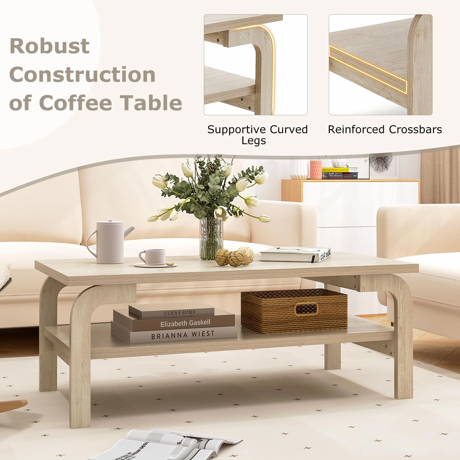 Giantex 2-Tier Coffee Table with Storage, 47 Mid Century Rectangle Accent Table with Open Shelf