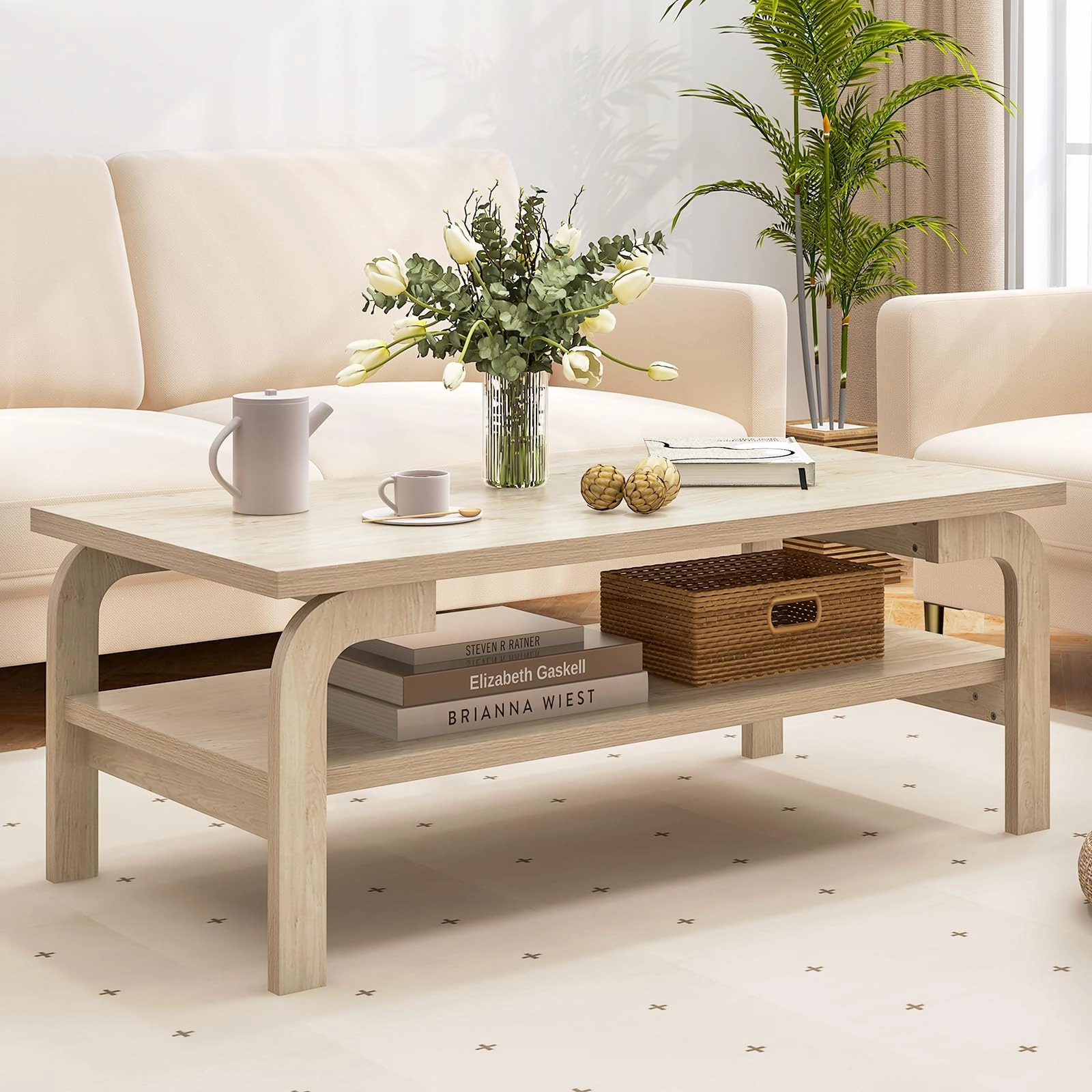 Giantex 2-Tier Coffee Table with Storage, 47 Mid Century Rectangle Accent Table with Open Shelf