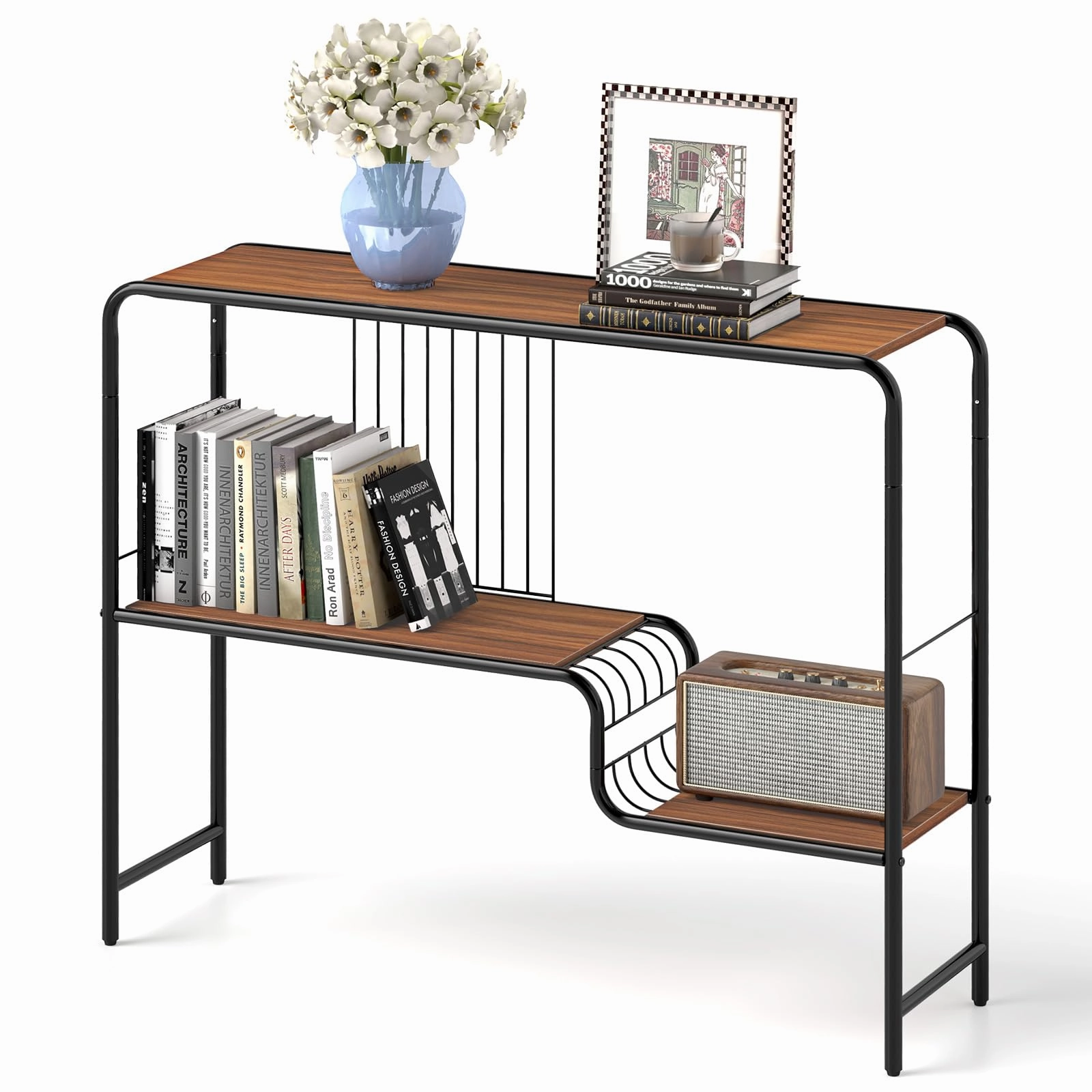 Giantex 2-Tier Console Table, 35.5" Narrow Entryway Table w/Irregular Storage Shelves & Metal Frame cowhide rug, animal hide rug