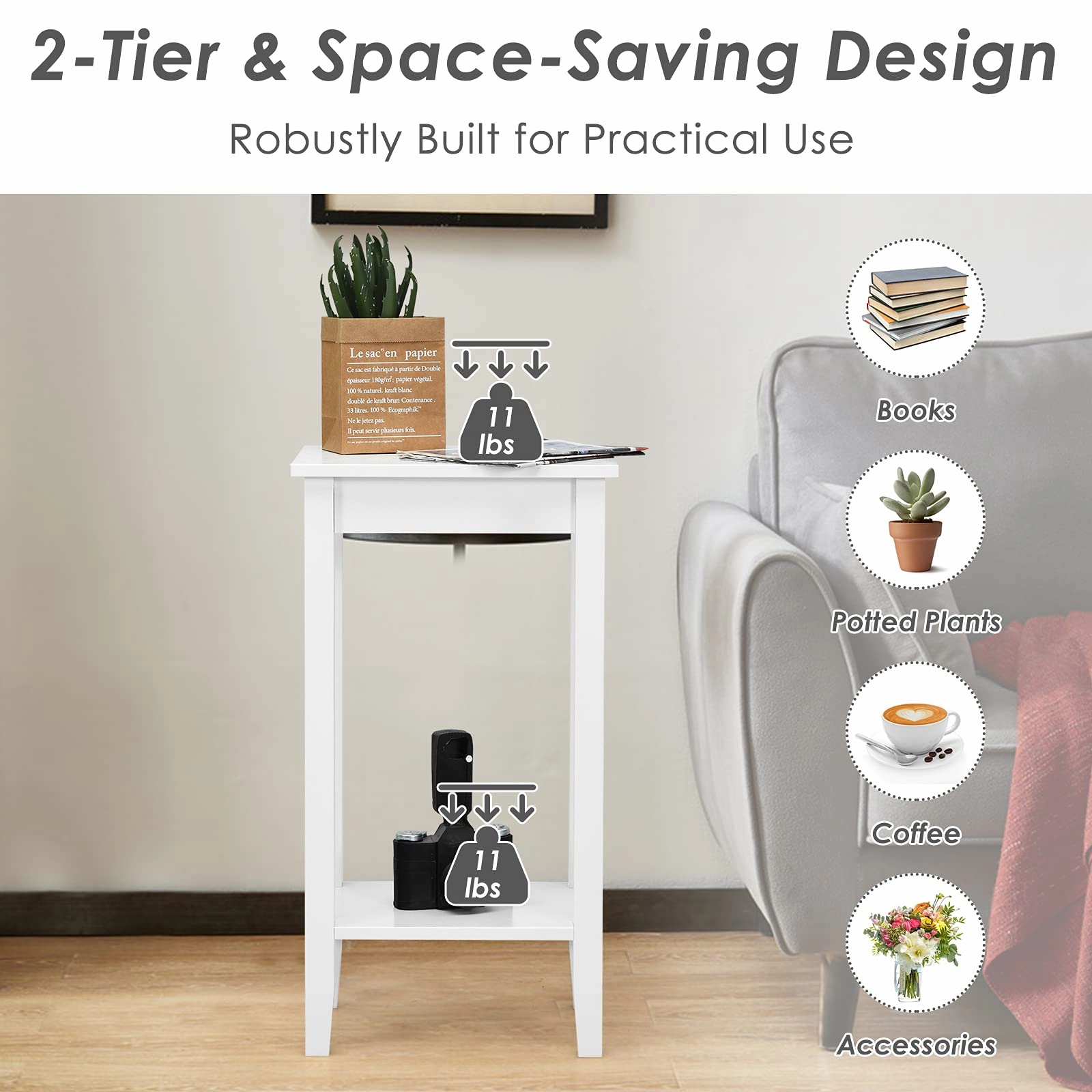 Giantex 2-Tier End Table Tall Nightstand, Simple Design Sofa Bedside Table