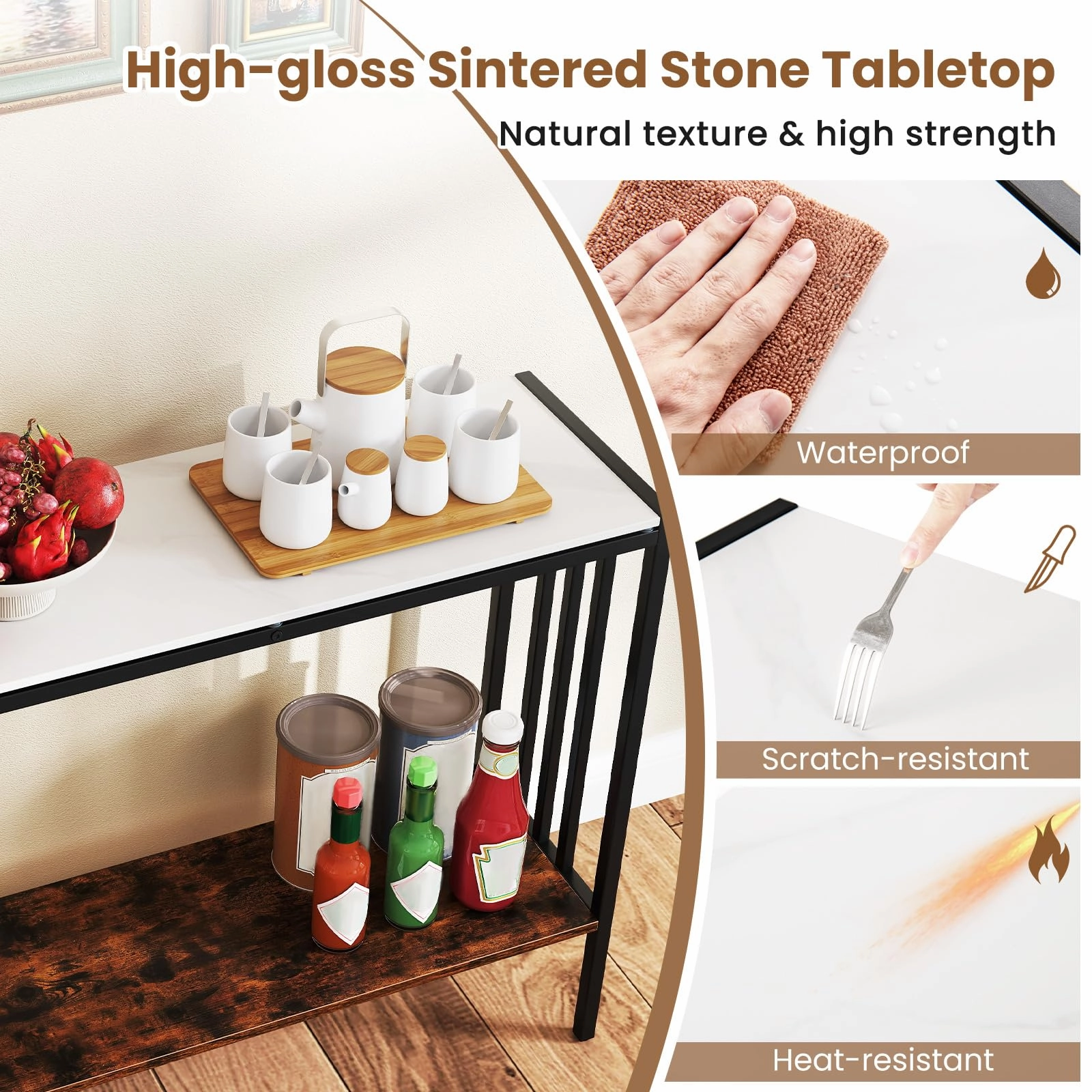 Giantex  2 Tier Industrial Entryway Table with Sintered Stone Tabletop and Open Shelf