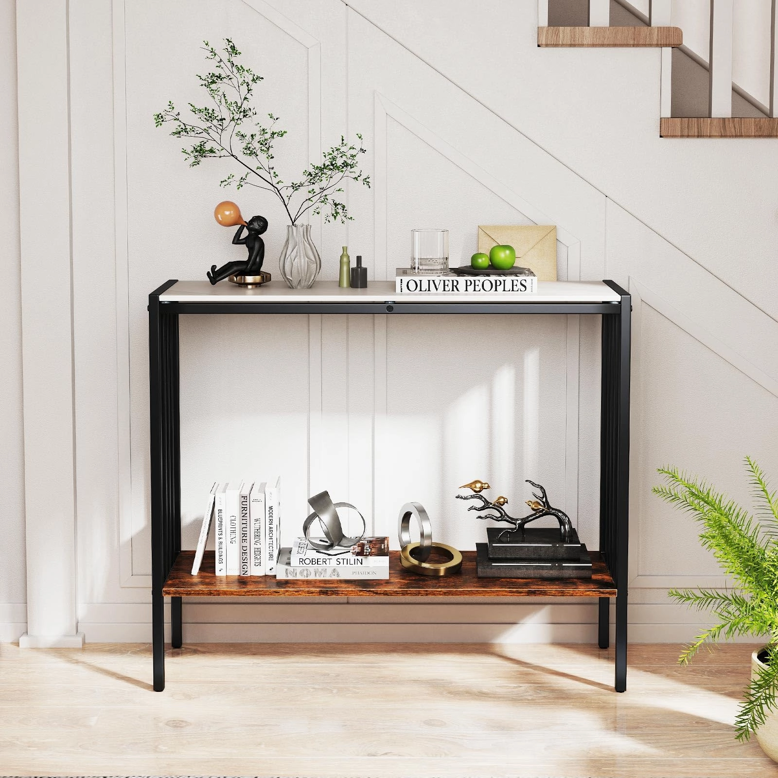 Giantex  2 Tier Industrial Entryway Table with Sintered Stone Tabletop and Open Shelf