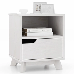 Giantex 2 Tier Nightstand, Mid Century Modern Bedside Table with Storage Drawer & Open Shelf throw pillow, fuzzy blanket