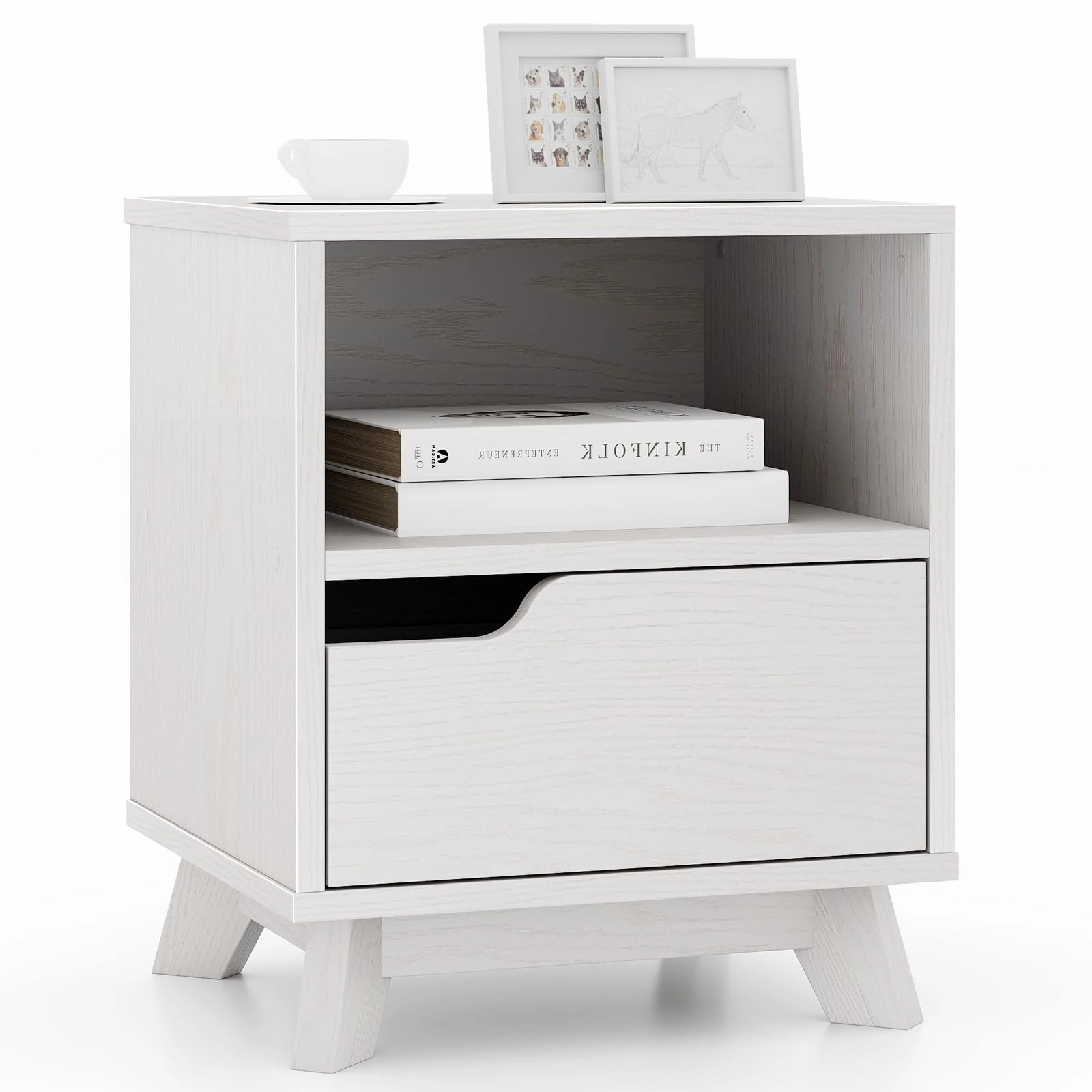 Giantex 2 Tier Nightstand, Mid Century Modern Bedside Table with Storage Drawer & Open Shelf throw pillow, fuzzy blanket