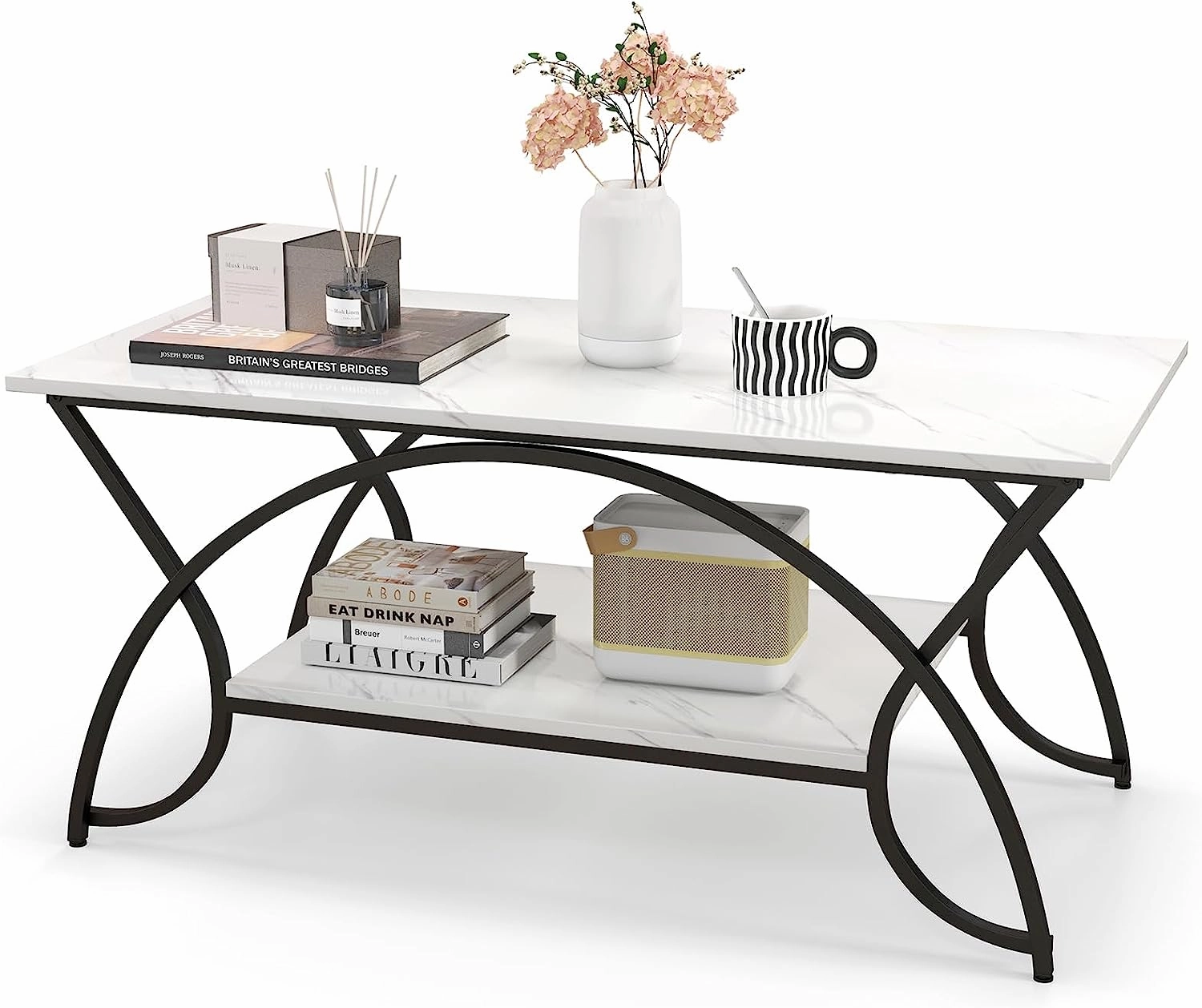 Giantex 2-Tier Rectangular Coffee Table, Modern Chic Cocktail Table with Open Storage Shelf, White/Gold