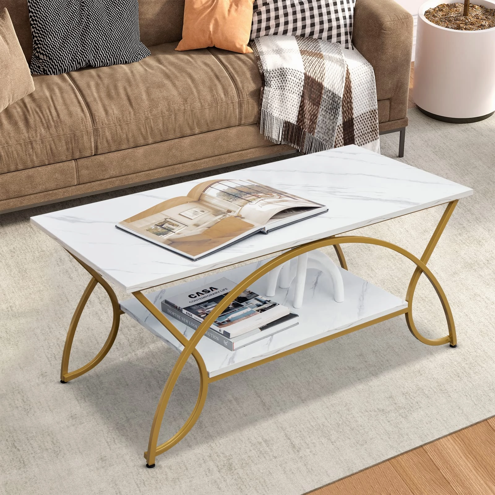 Giantex 2-Tier Rectangular Coffee Table, Modern Chic Cocktail Table with Open Storage Shelf, White/Gold
