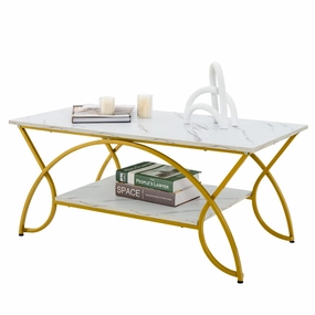 Giantex 2-Tier Rectangular Coffee Table, Modern Chic Cocktail Table with Open Storage Shelf, White/Gold throw pillow, fuzzy blanket