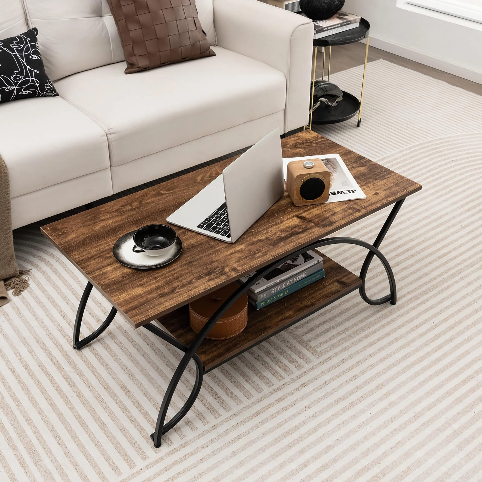 Giantex 2-Tier Rectangular Coffee Table, Modern Chic Cocktail Table with Open Storage Shelf, White/Gold